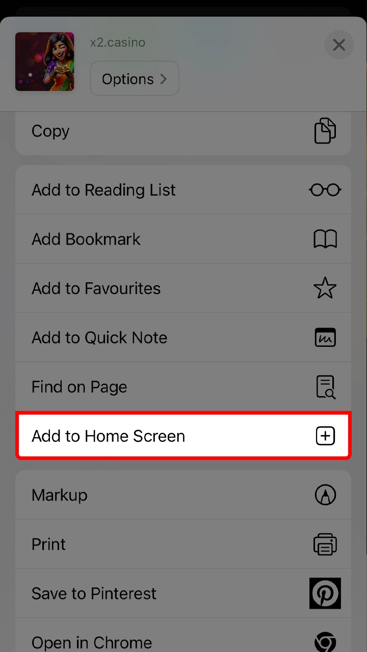 Tap to add the X2 Casino app to your home screen.
