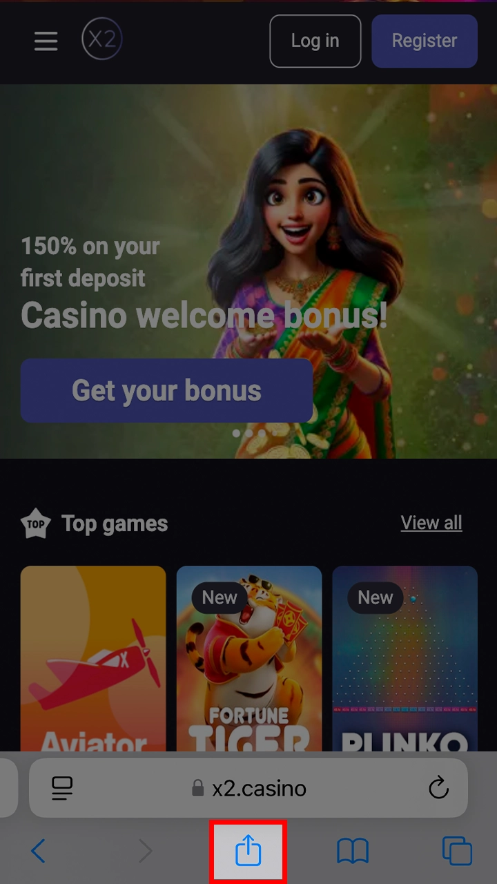 Click the share button on the X2 Casino page.