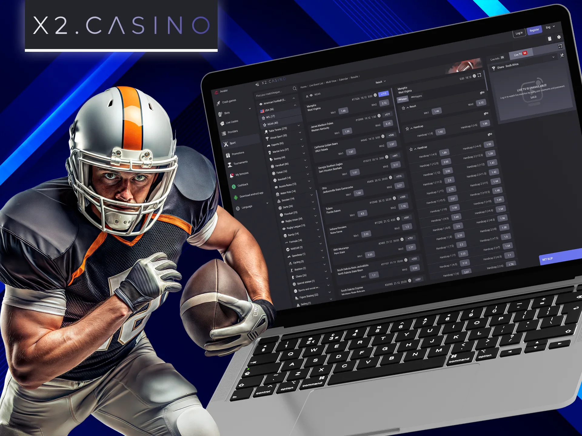 Test your luck in betting on American Football at X2 Casino.