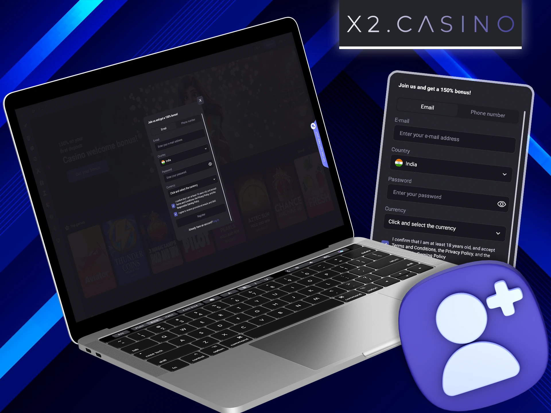 Create a personal account at X2 Casino using the tutorial on this page.