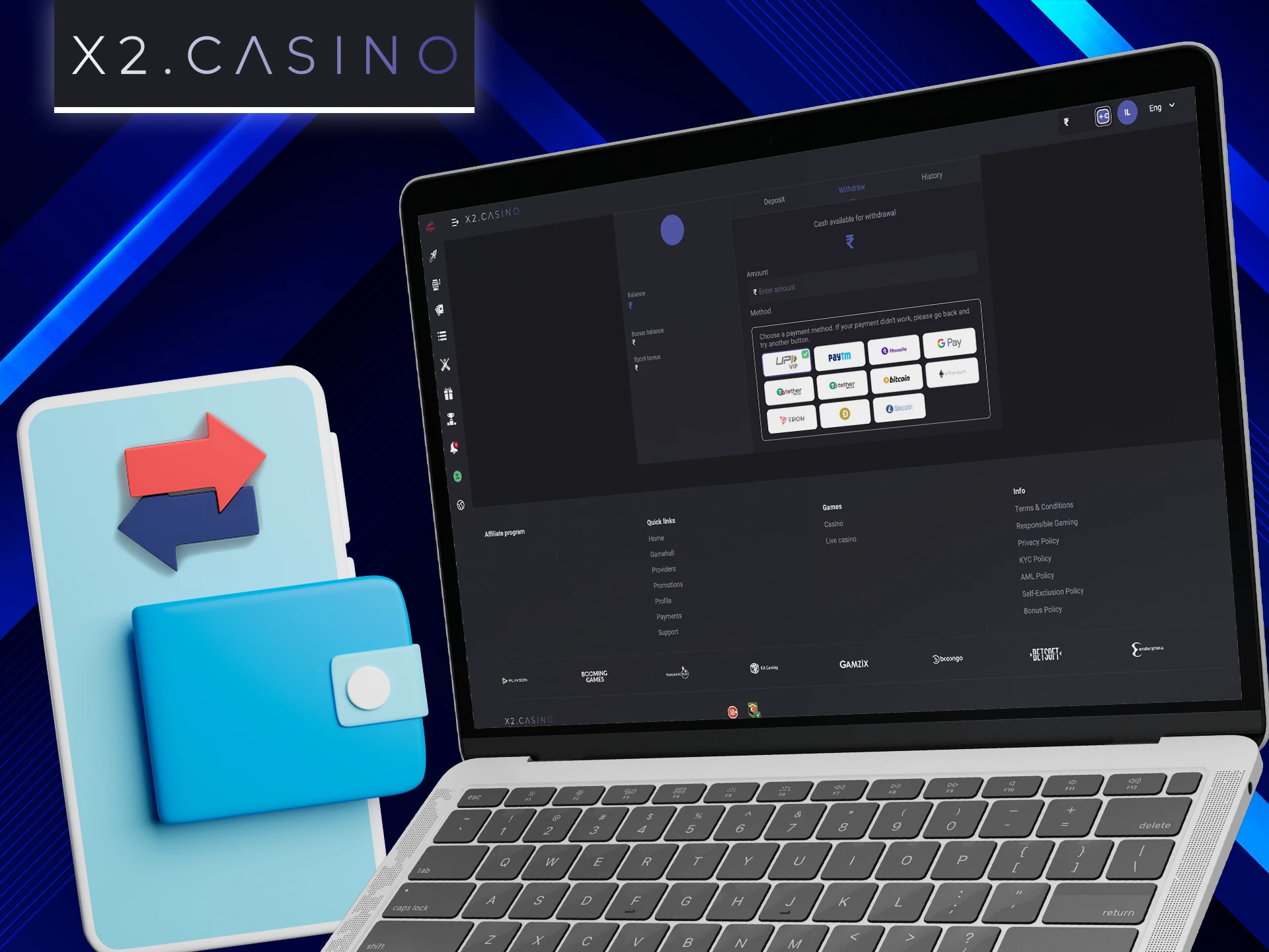 Use the available payment methods to withdraw or deposit to X2 Casino.