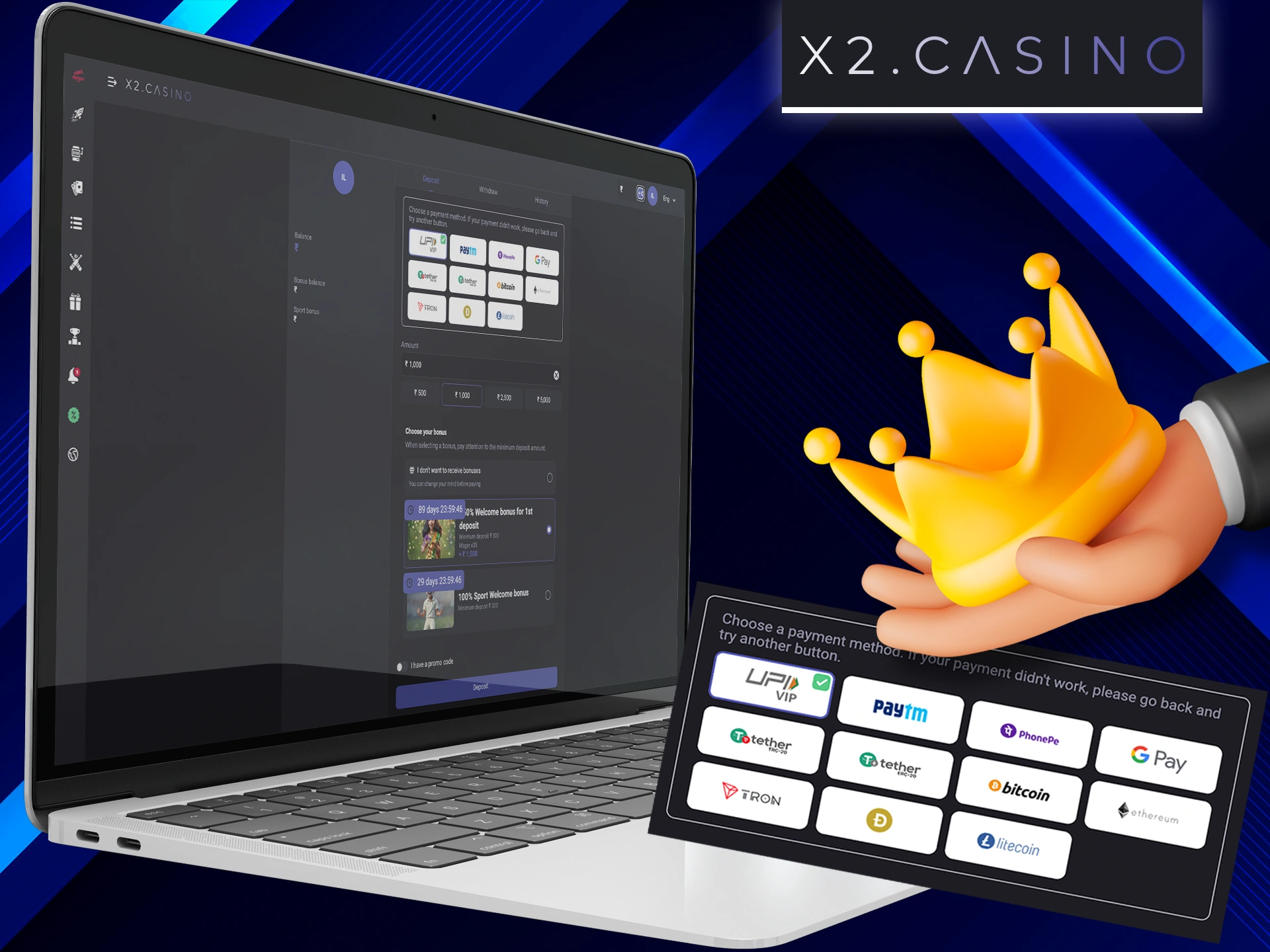 Choose the payment methods available at X2 Casino to suit your needs.