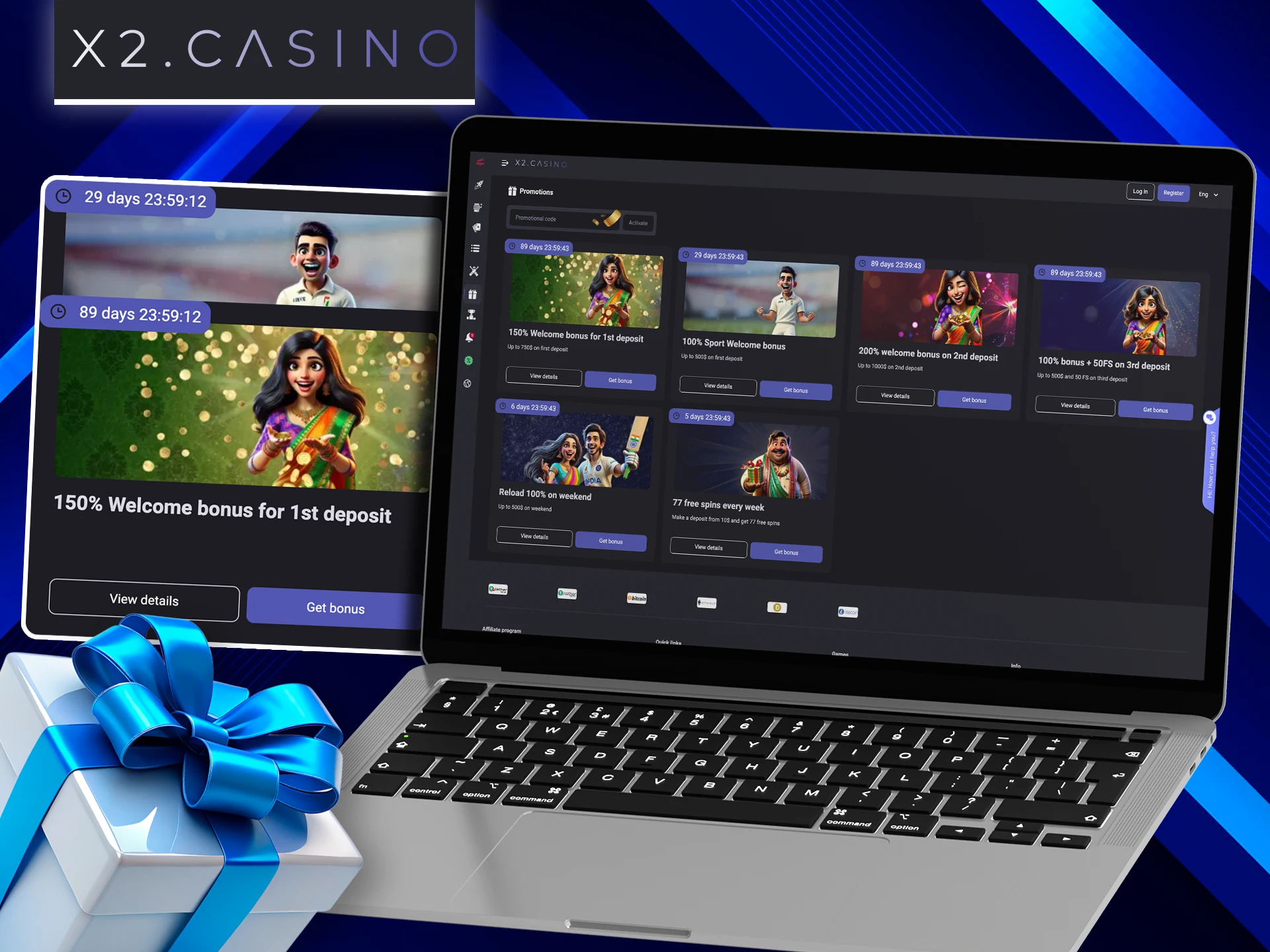 Get welcome bonuses from X2 Casino after registering to start winning.