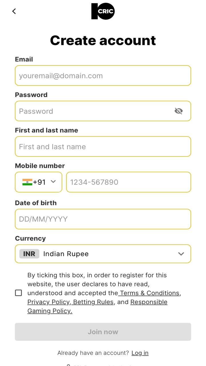 Fill in the required fields to create an account with 10Cric.