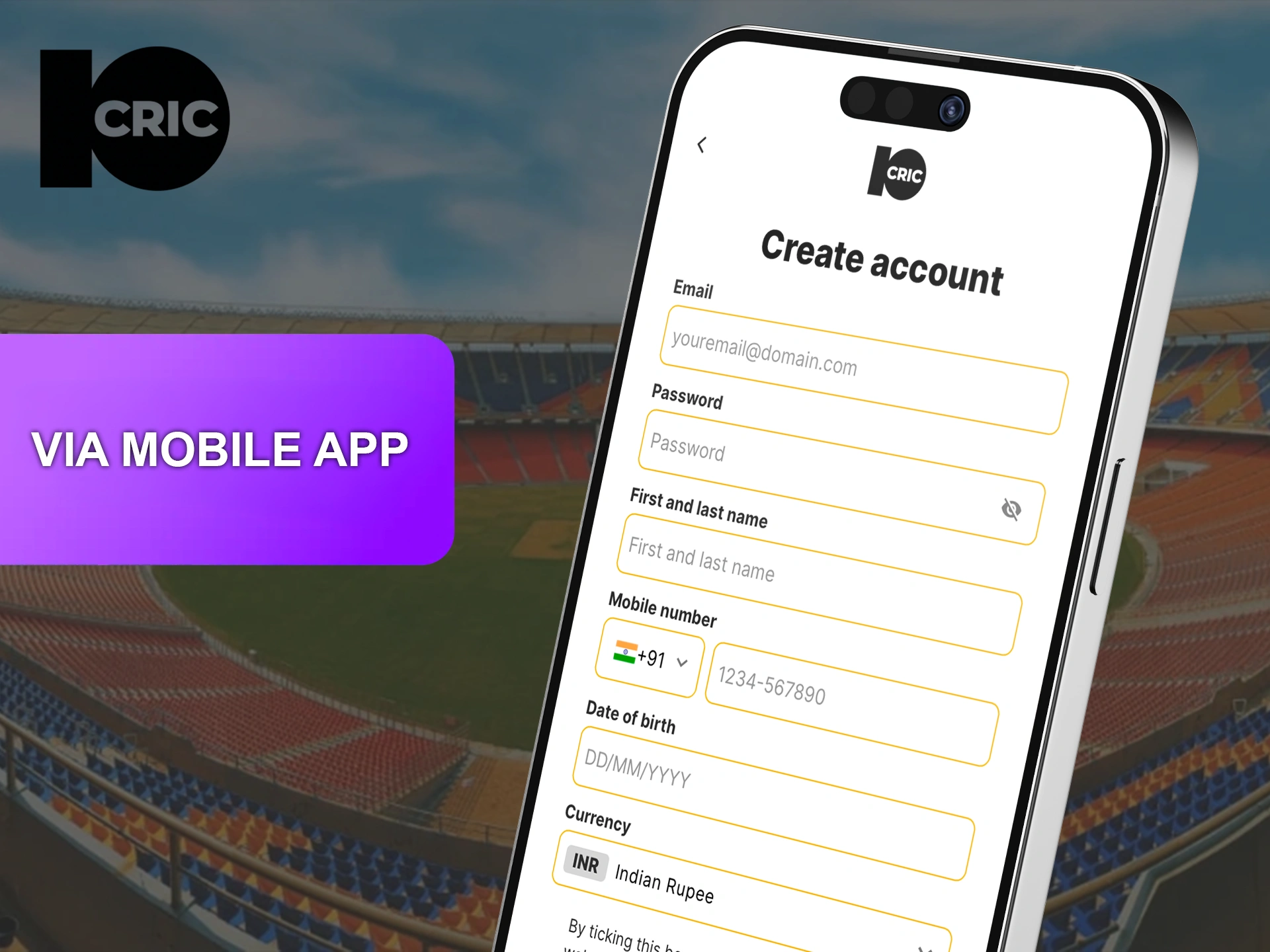 Use the 10Cric app to create a personalized account.