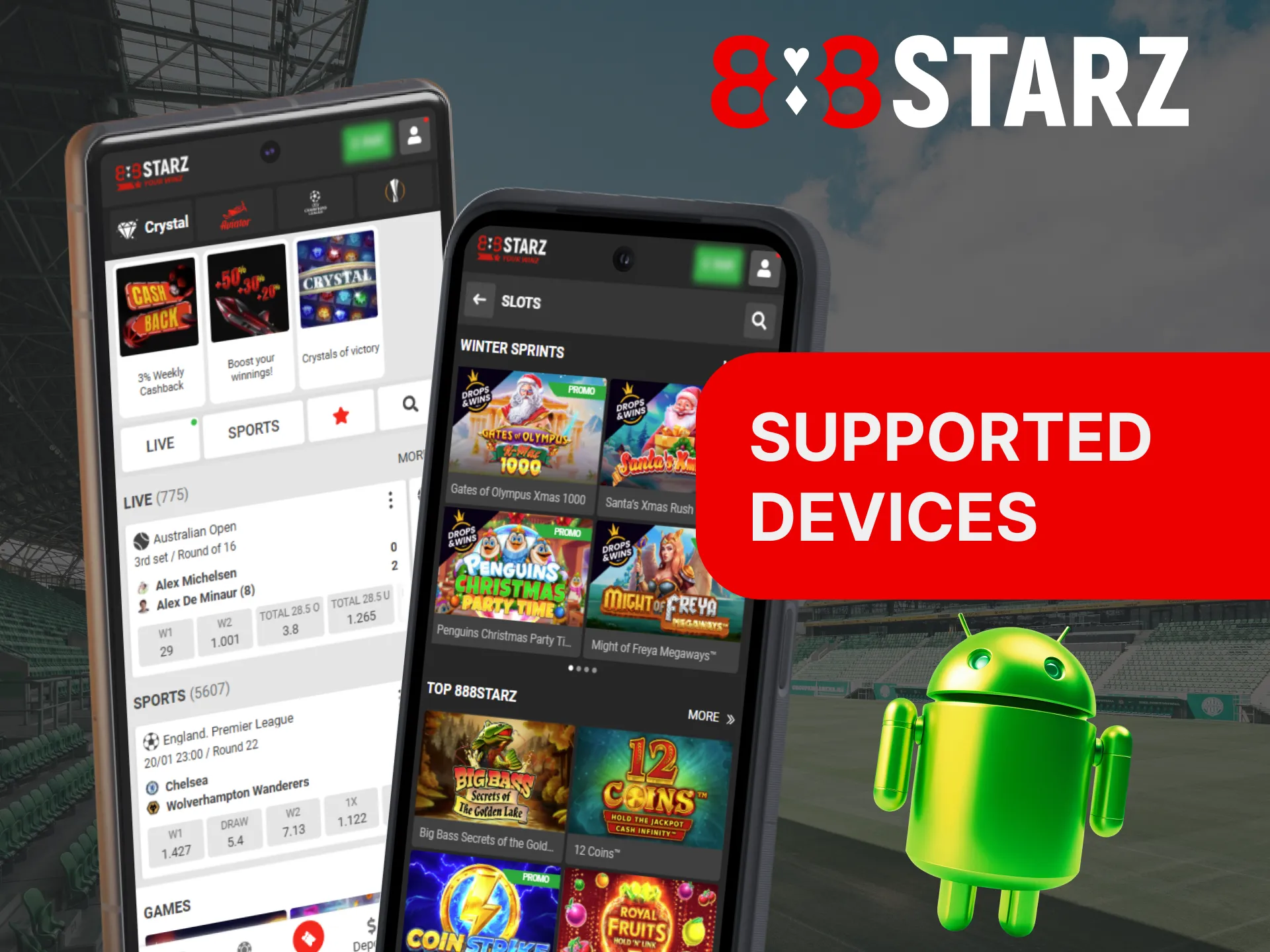 Android devices that can use the 888Starz app.