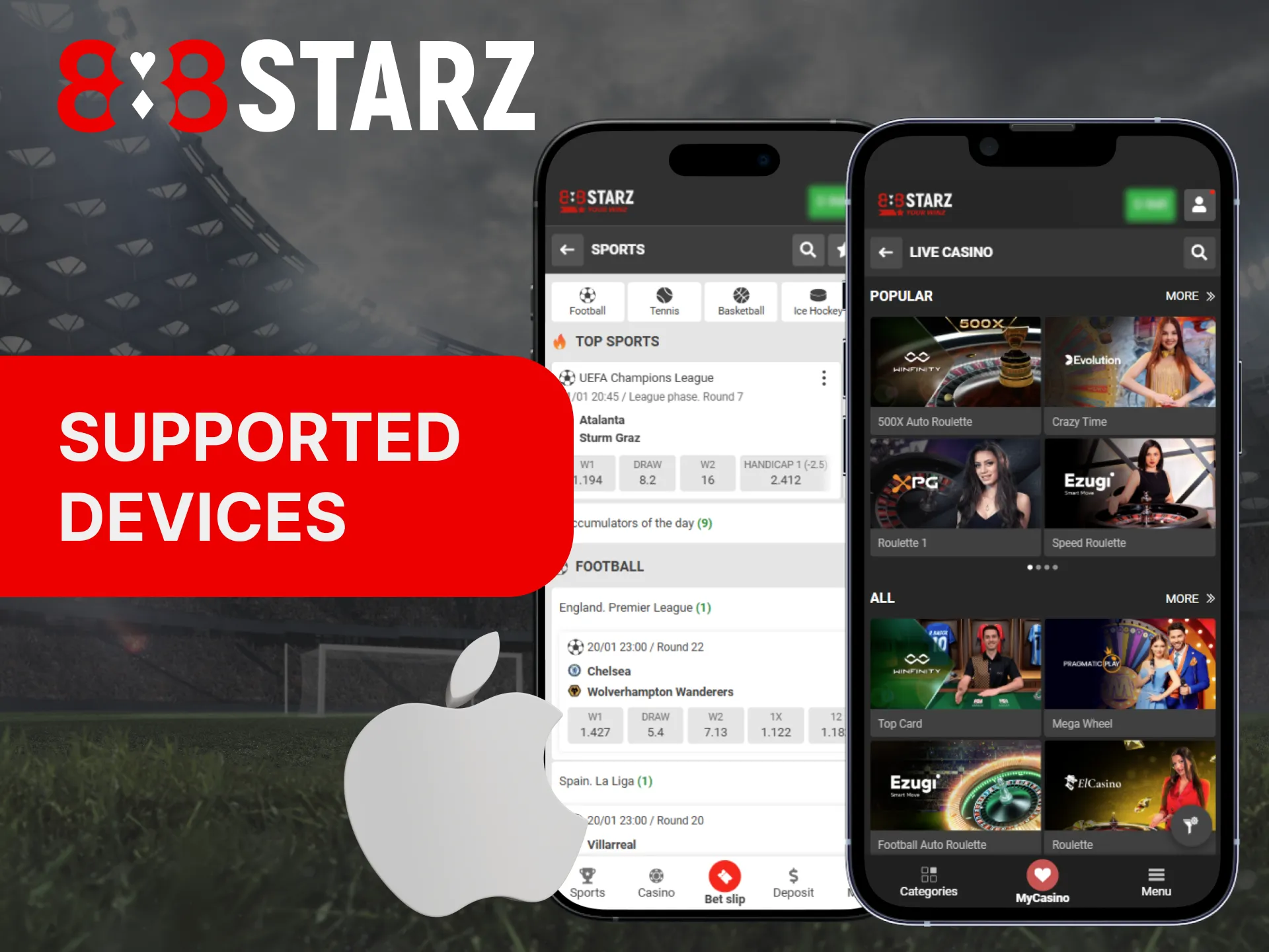 iOS devices that are compatible with the 888Starz app.