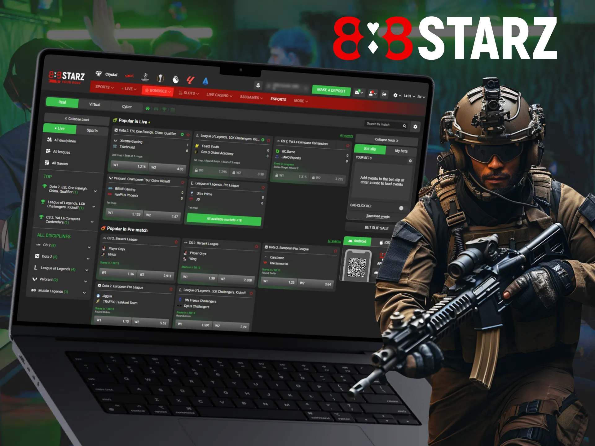 888Starz users can place bets on a wide range of eSports competitions.