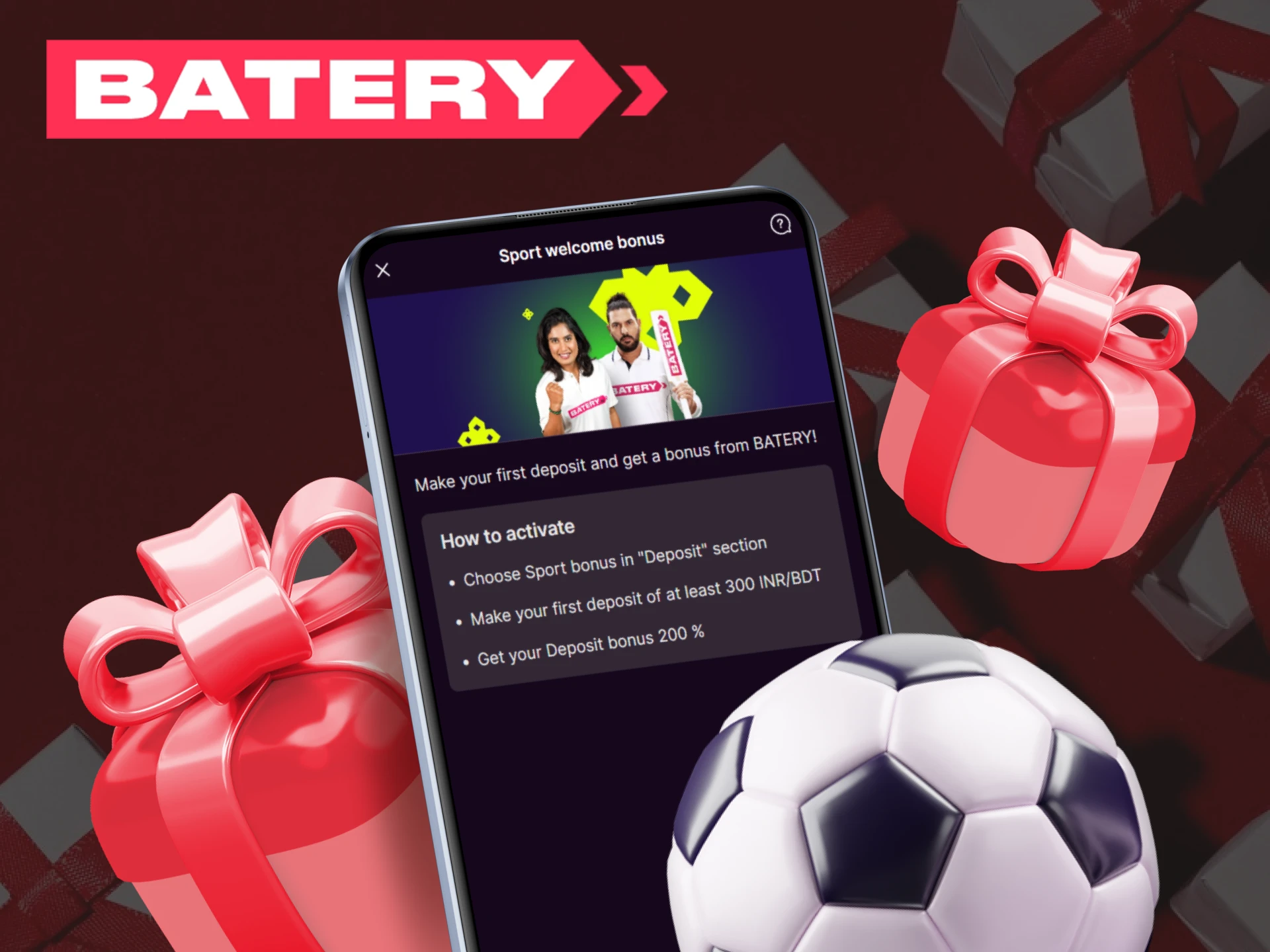 Use a great welcome bonus for betting on sports via the Batery app.