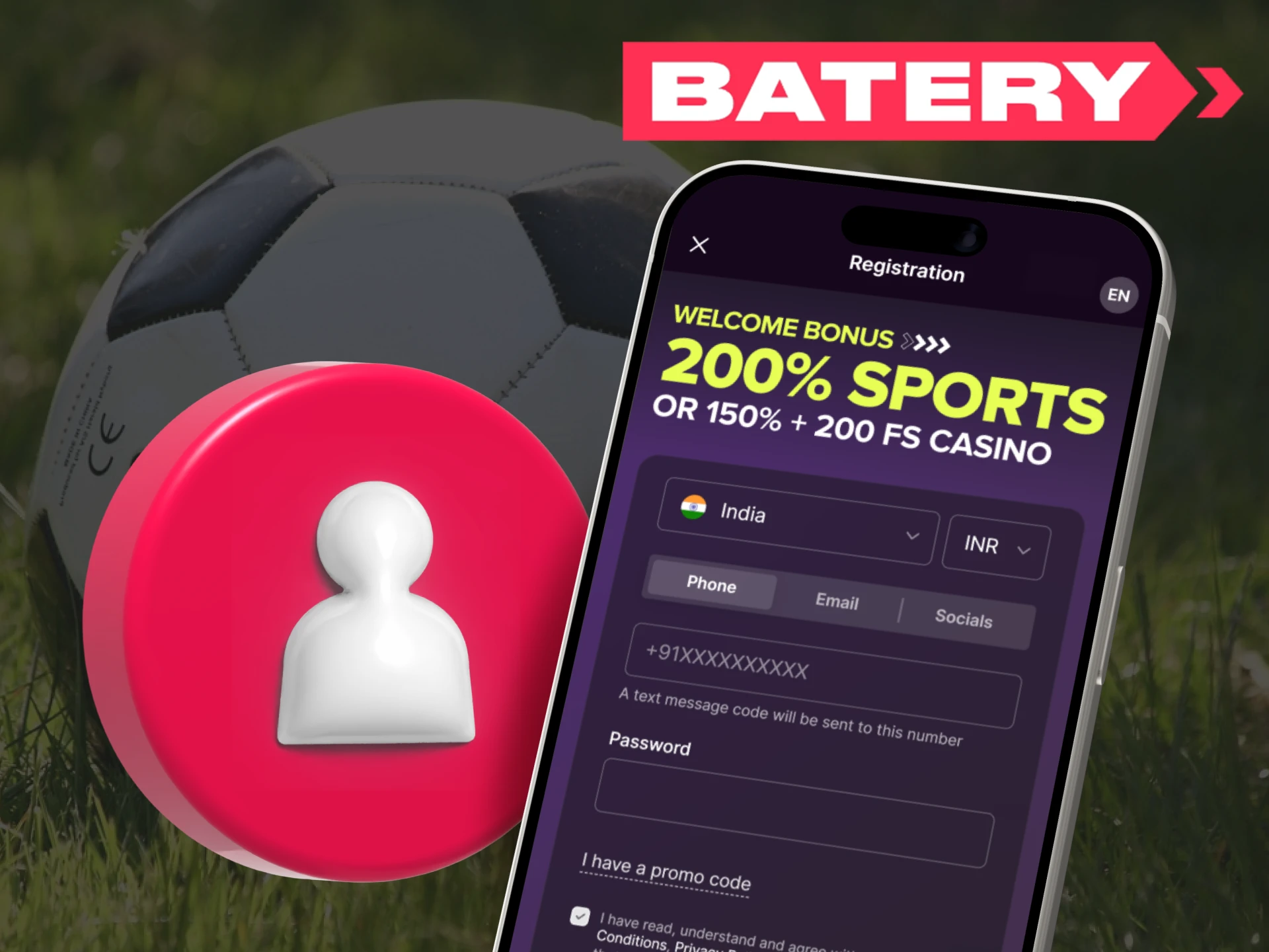 Register via the Batery app and start betting on sport online.