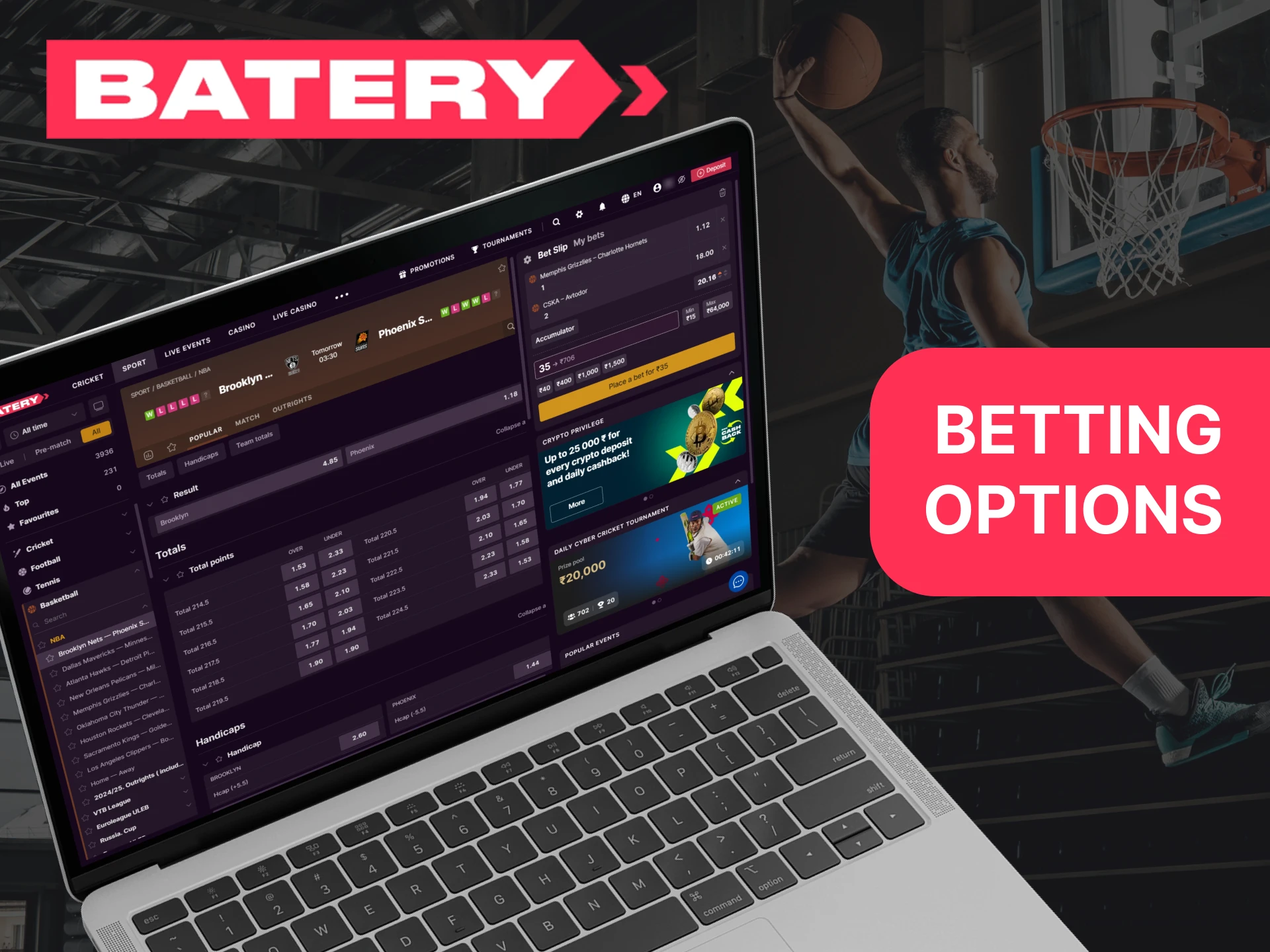 Bet on live matches or upcoming sports events via Batery.