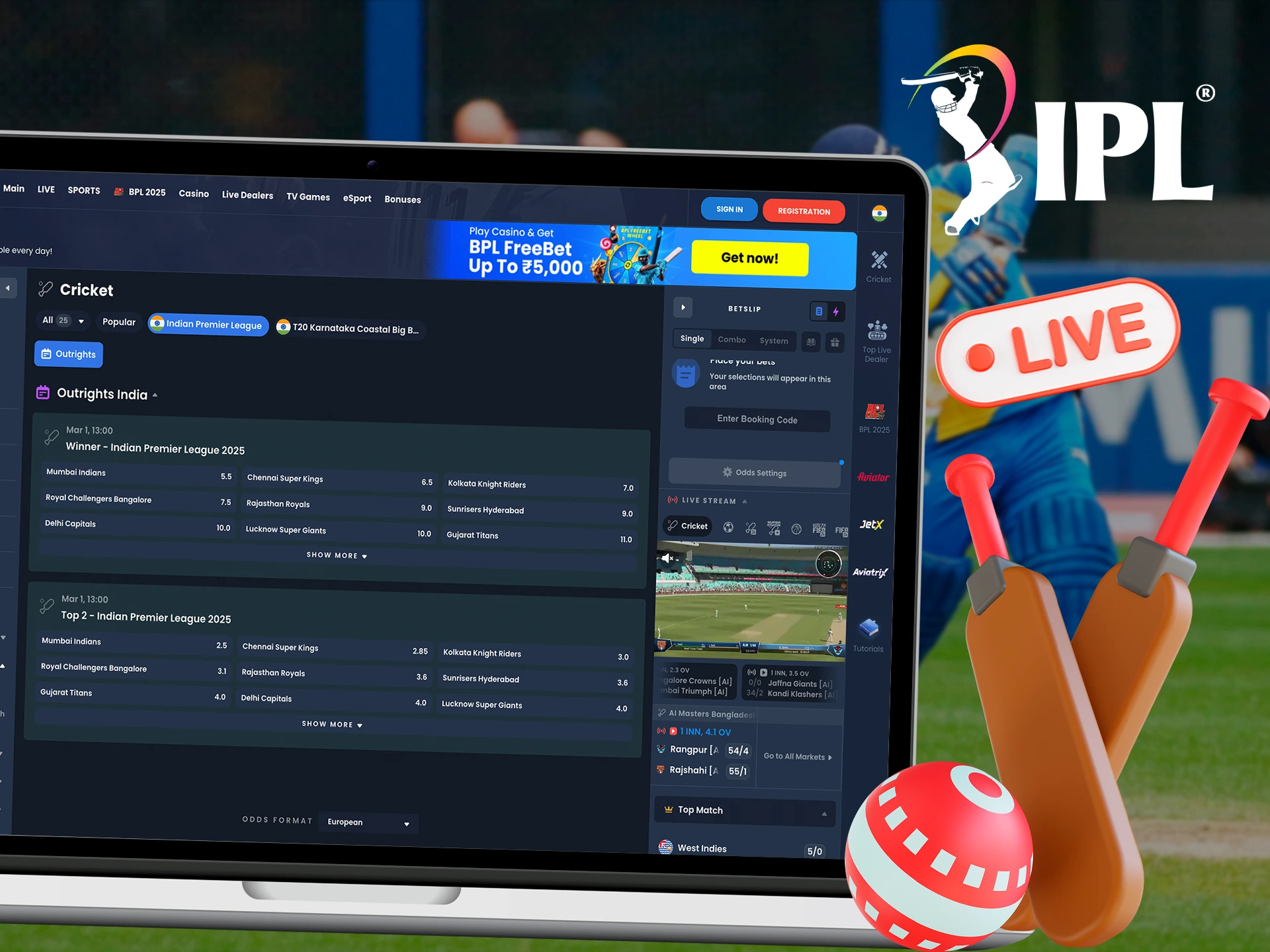 Follow the game with live streaming of the tournament to betting sites.