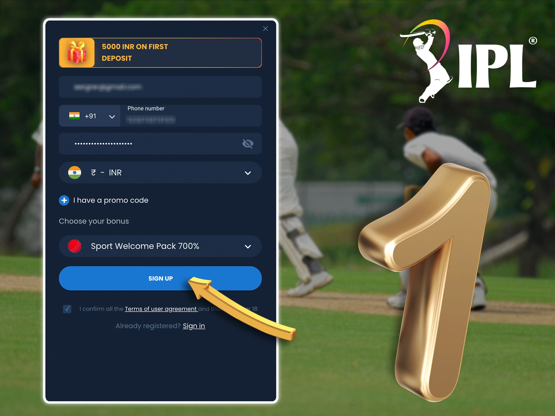 Fill out the initial registration form to start betting on the IPL.