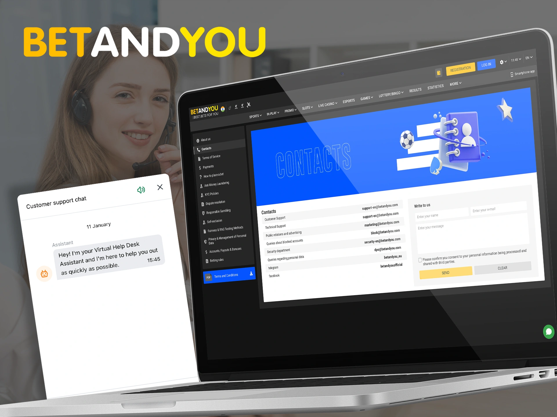 Use the contacts and support to resolve issues with Betandyou.