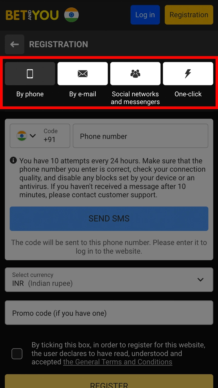 Choose a convenient method to register with Betandyou.