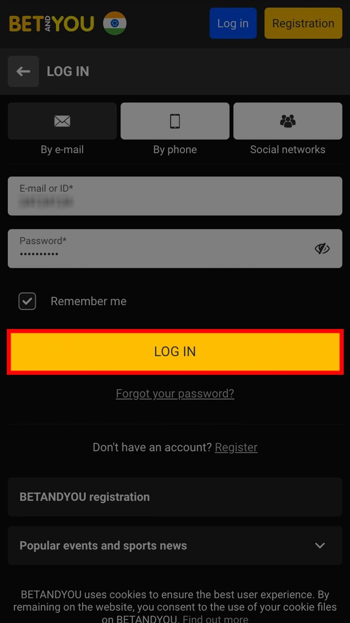 Log in to your Betandyou account using your registration details.