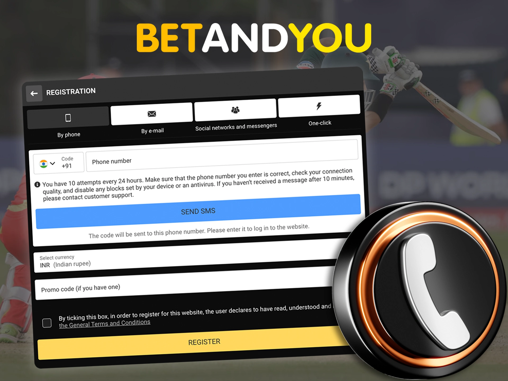 Get a sms code to register with Betandyou through your phone.