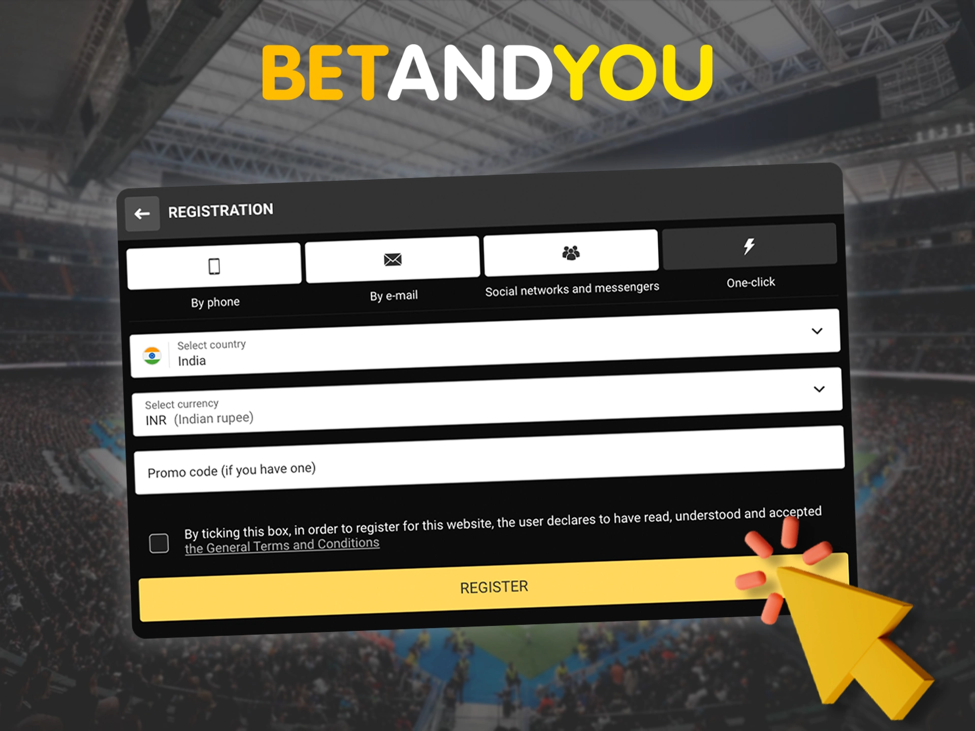 Create an account with Betandyou with instant one-click signup.