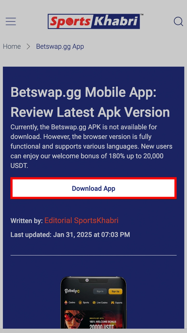 On this page, find the download button for the Betswap gg app.