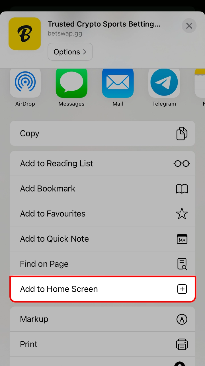 Add the Betswap app to your homescreen by selecting from the menu.