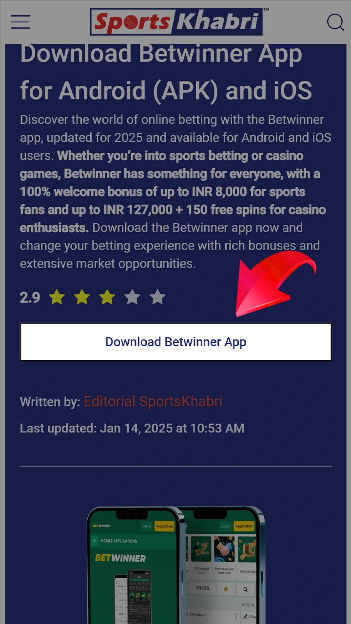 Start installing the Betwinner app for Android.