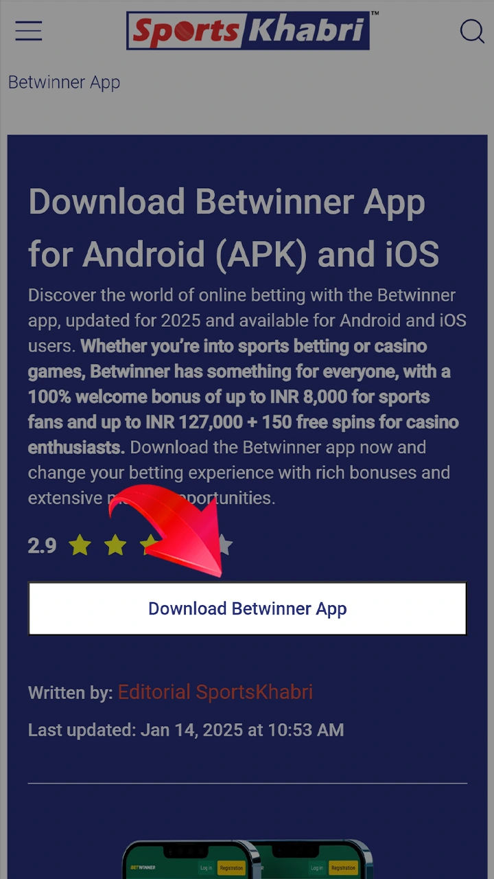 Follow the link at the top of the page to start installing the Betwinner app.