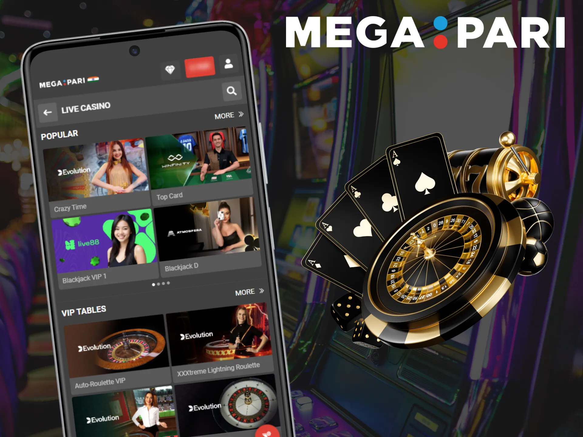 The Megapari mobile app enables Indian players to engage in a wide range of casino games.