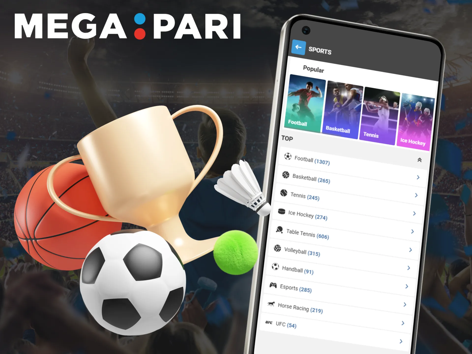 The sports betting section of the Megapari app offers a variety of sports disciplines and events.