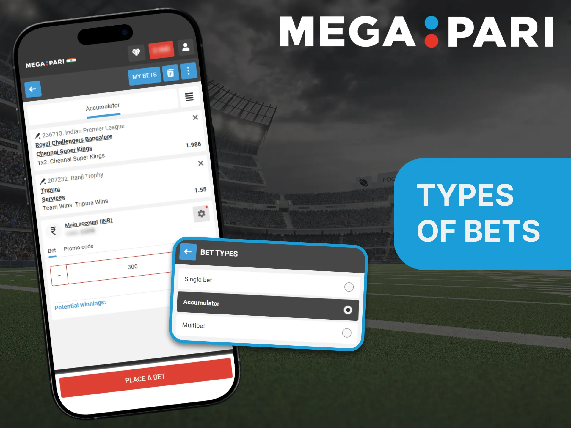 In the Megapari app, a wide variety of bets are available.