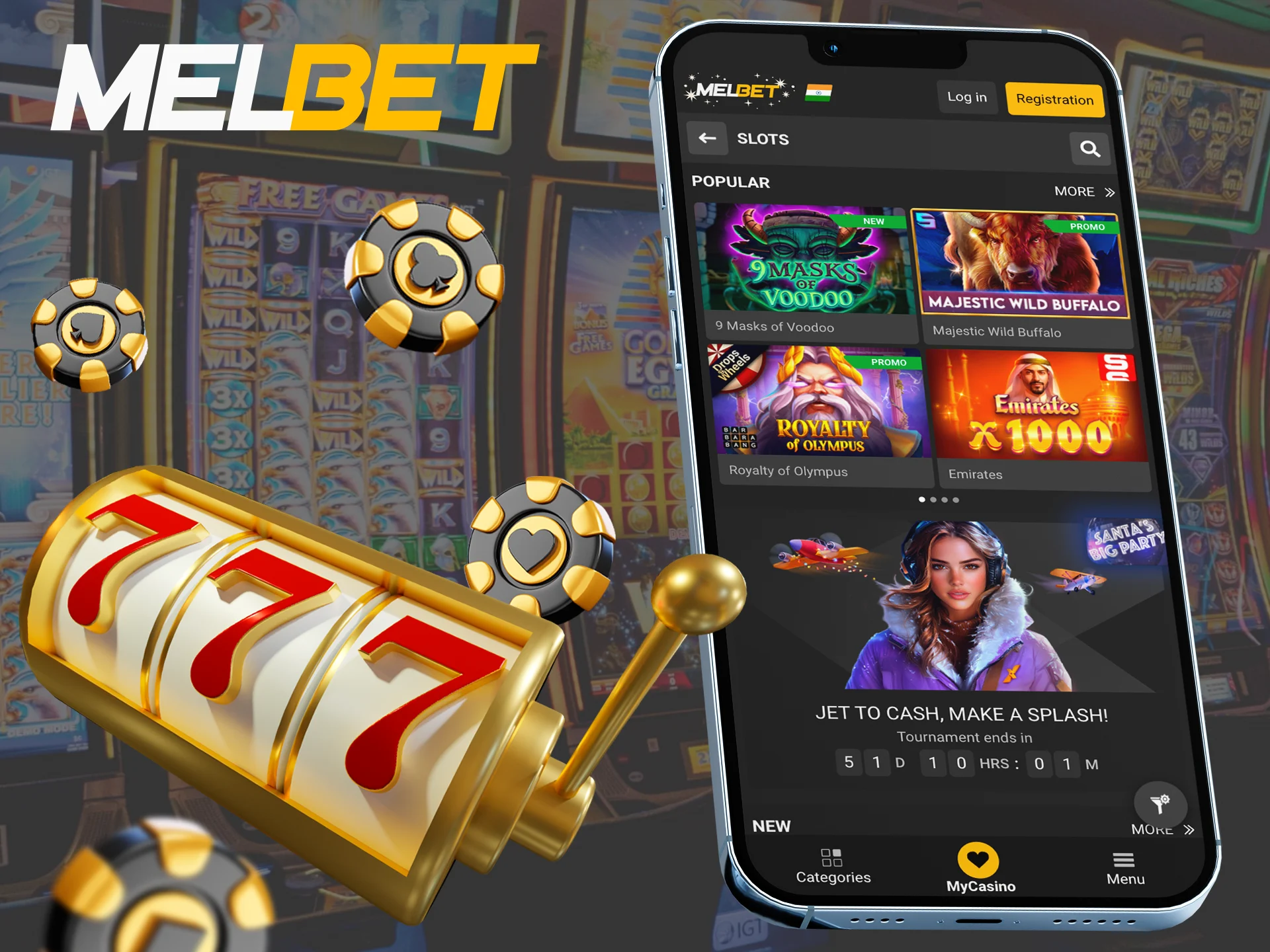 Find your favorite slot game in the Melbet app section.