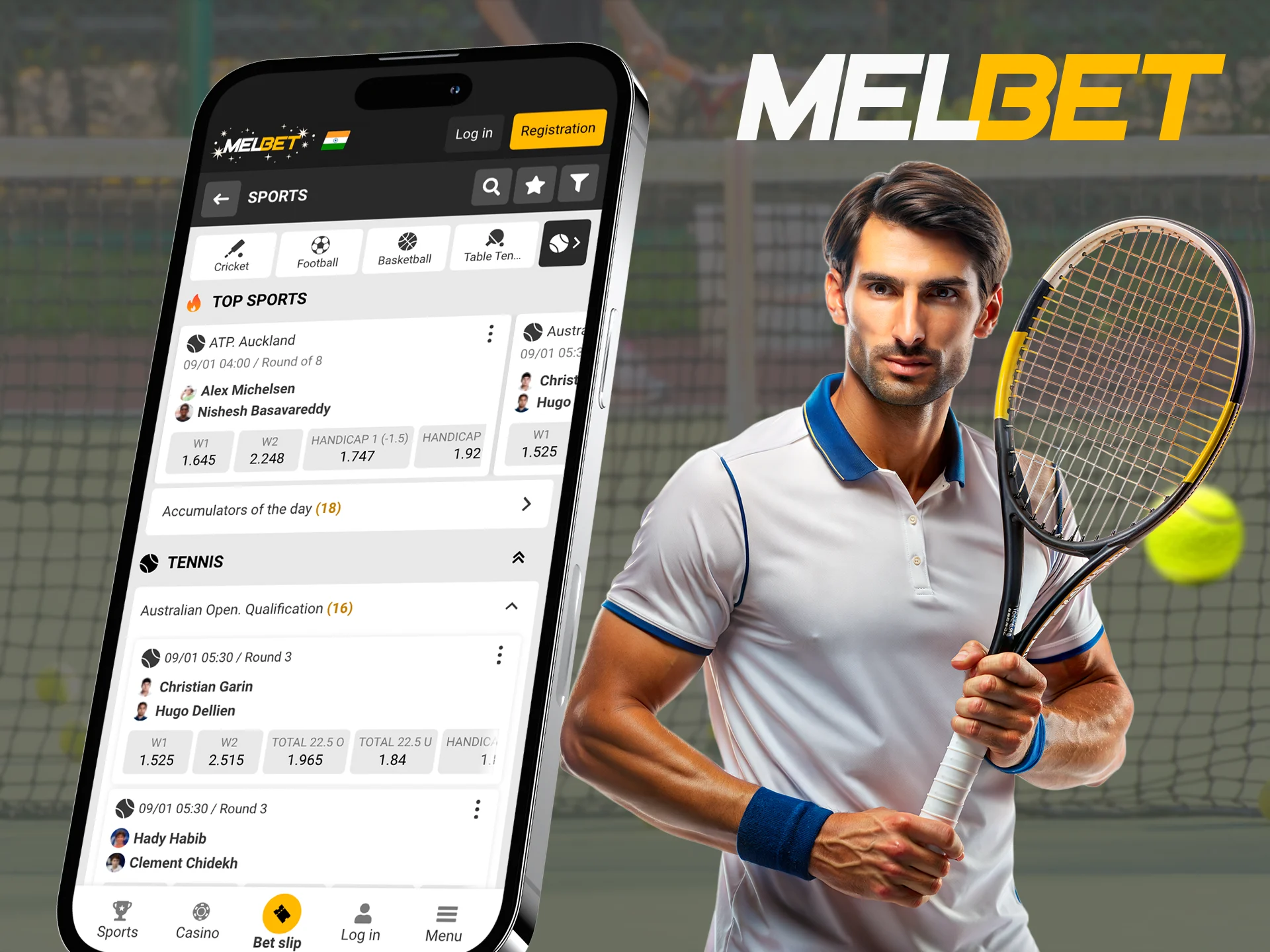 Place your win or score bets on tennis tournaments on the Melbet app.