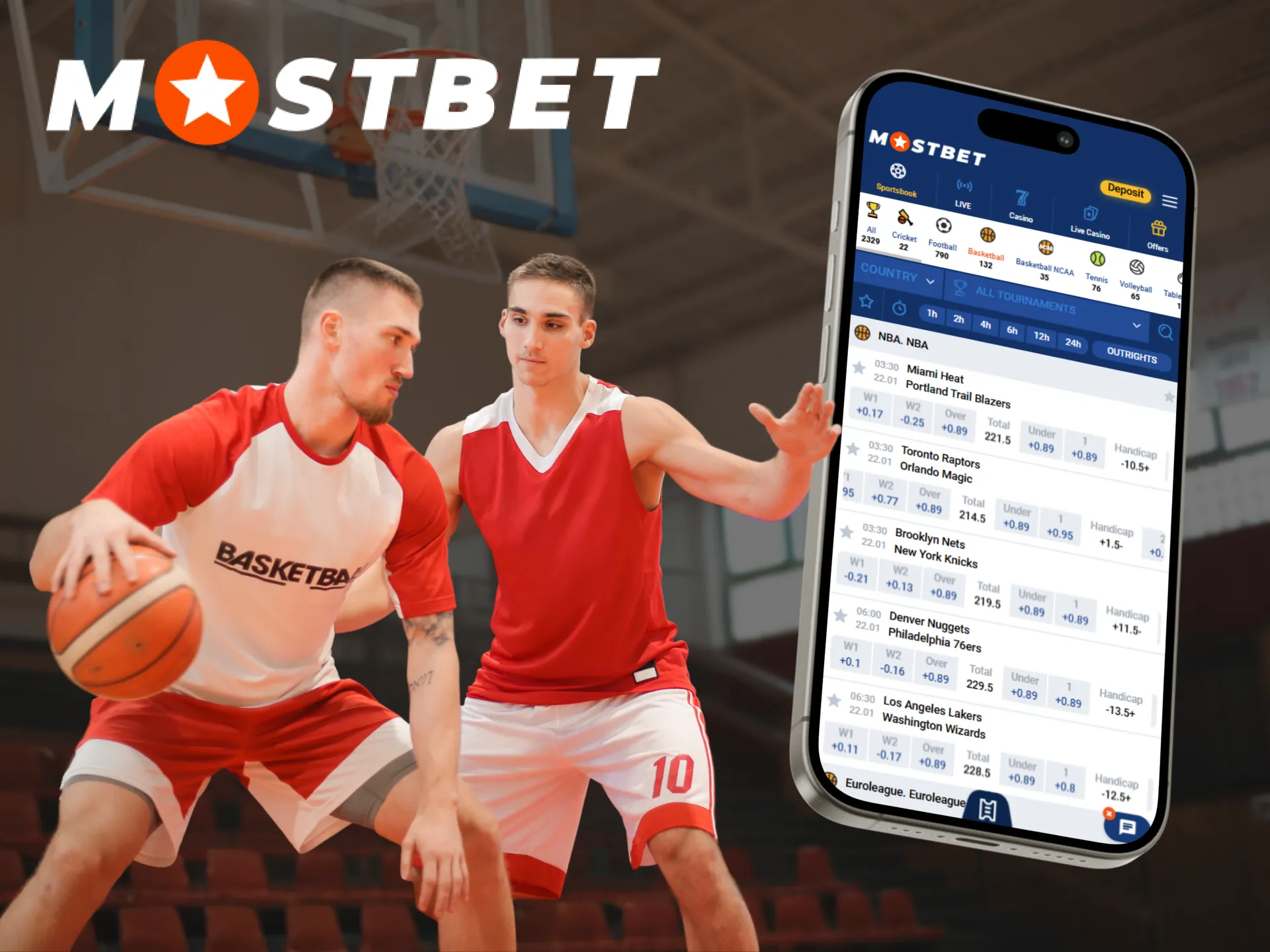 The Mostbet application enables users to place bets on basketball matches.