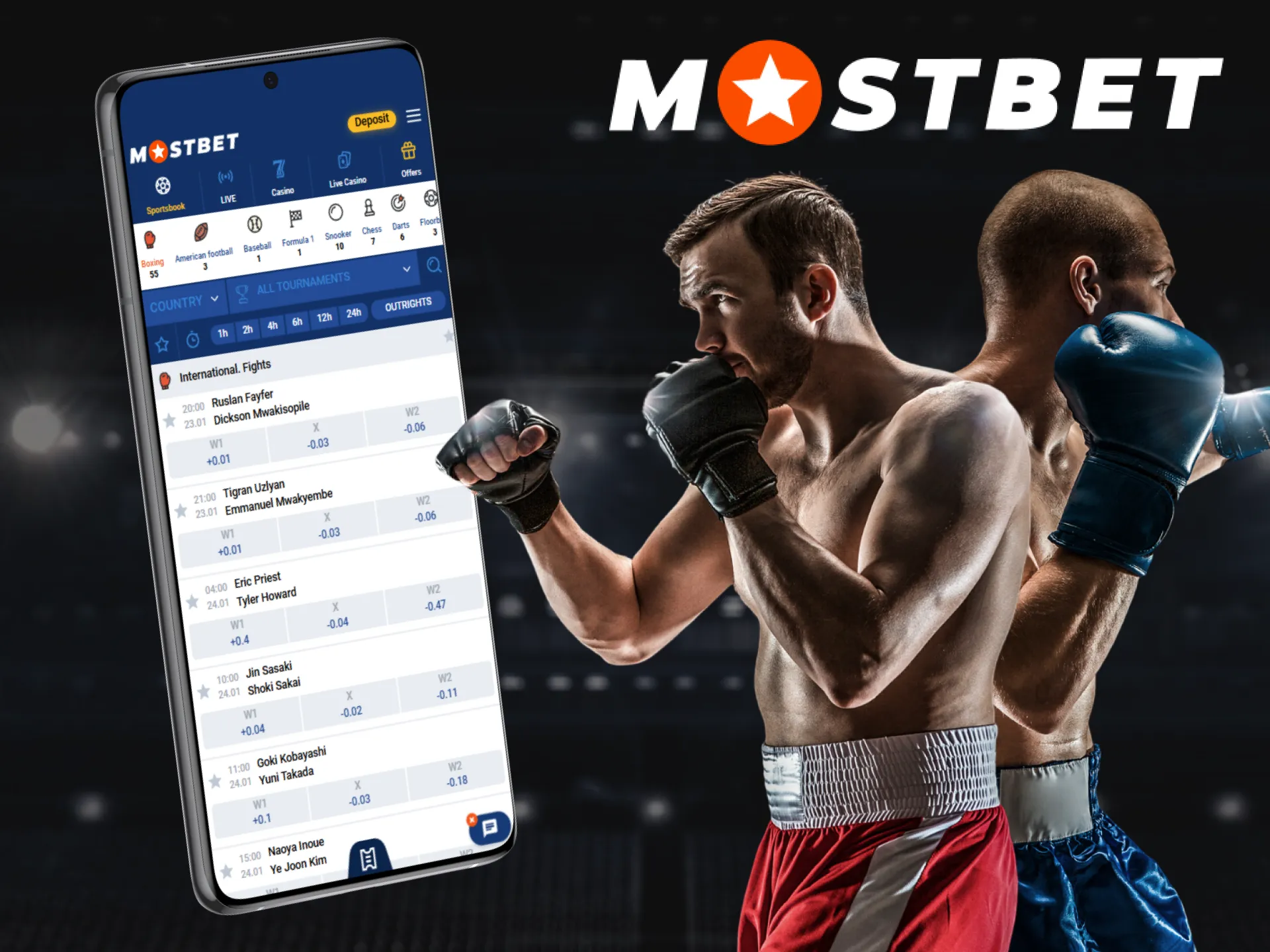 Place bets on boxing events on the Mostbet app.