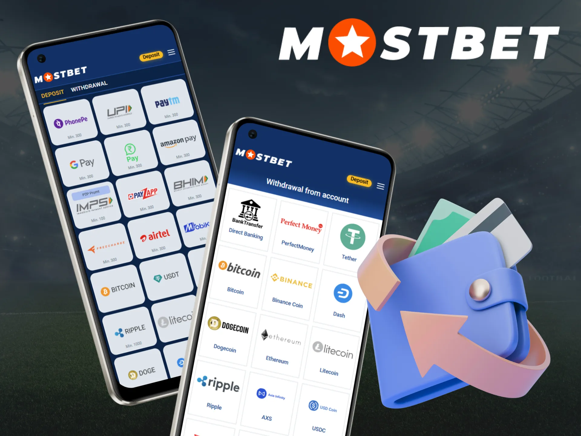 The process of depositing and withdrawing funds in the Mostbet application.