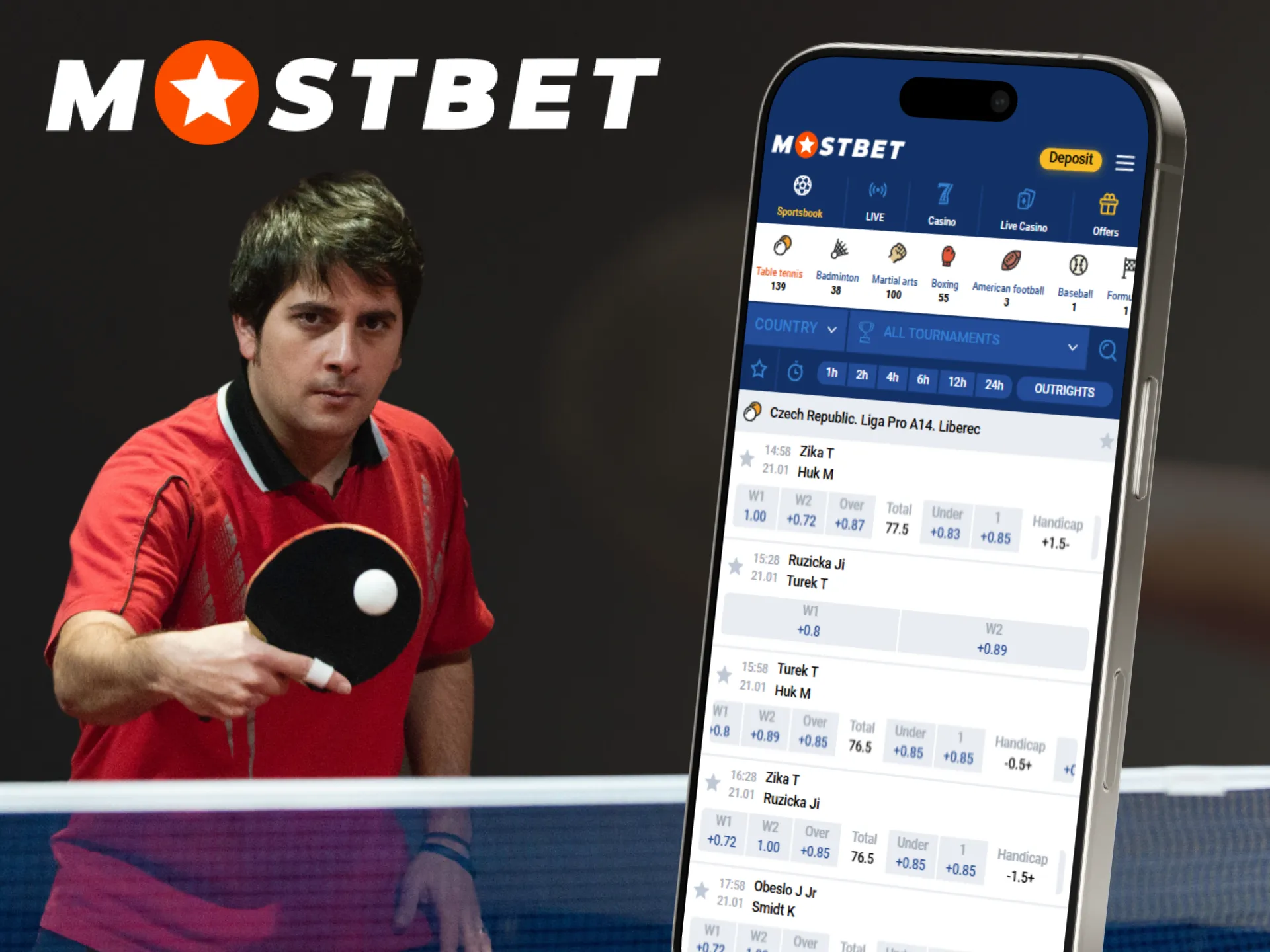 On the Mostbet app, users can wager on table tennis matches.