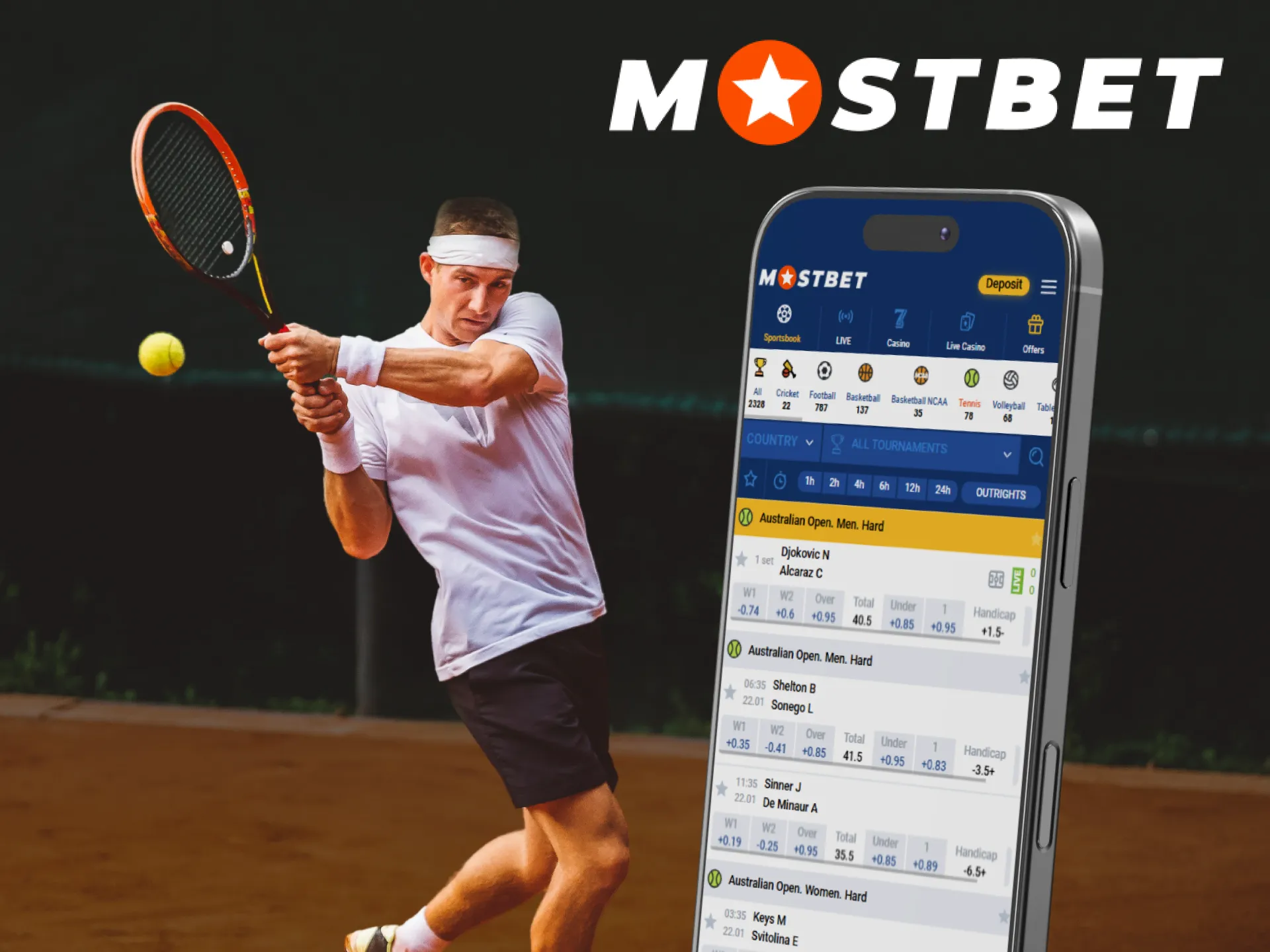 The Mostbet app allows users to wager on tennis events.