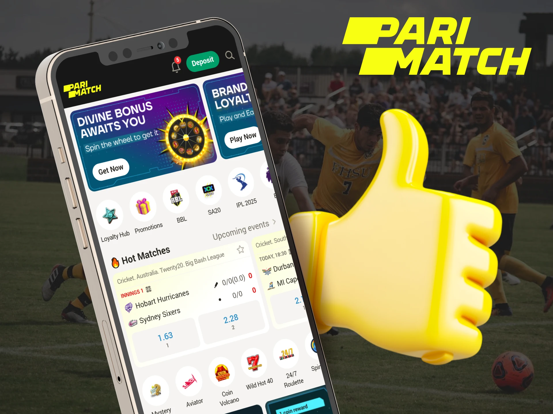 Download the Parimatch mobile app to bet on sports in India.