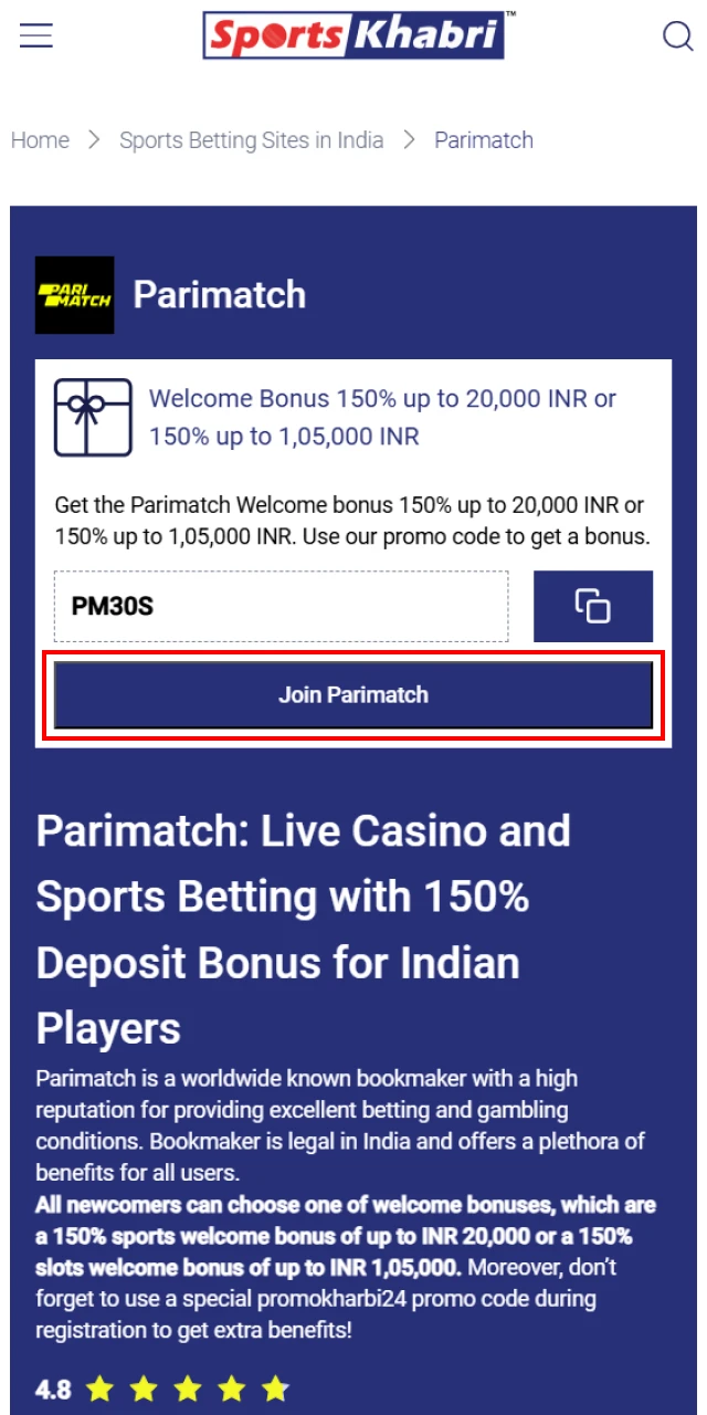 Use the Sportskhabri link to register at Parimatch.