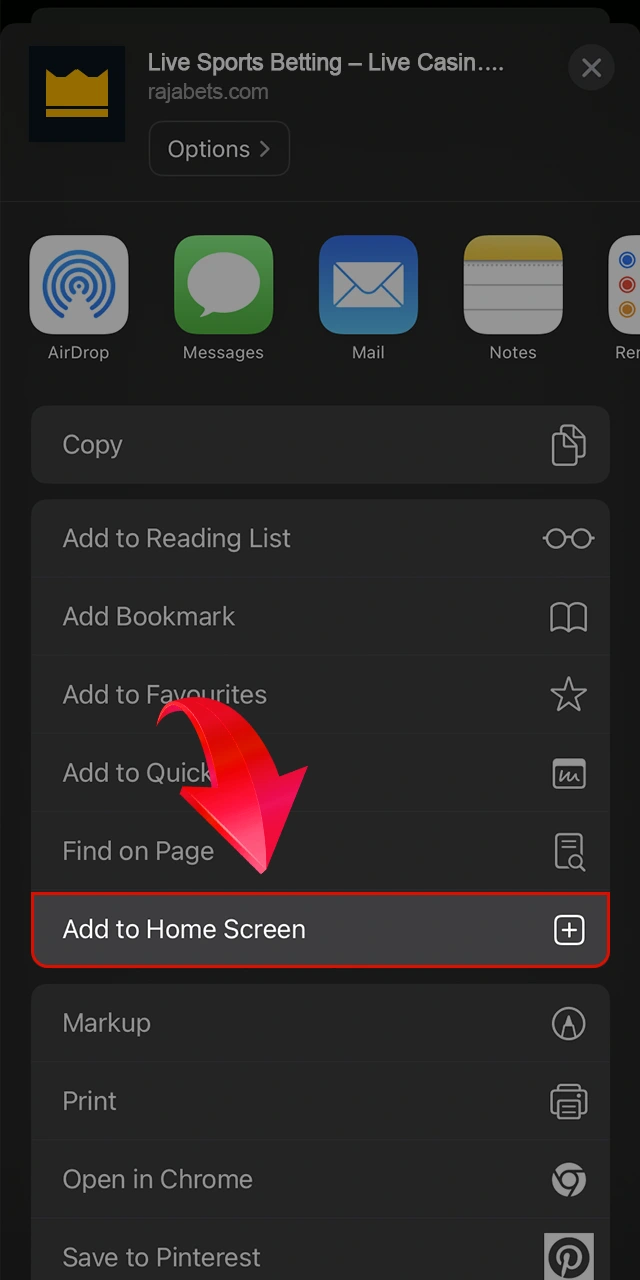 Add the Rajabets app to the homescreen of your iOS device.