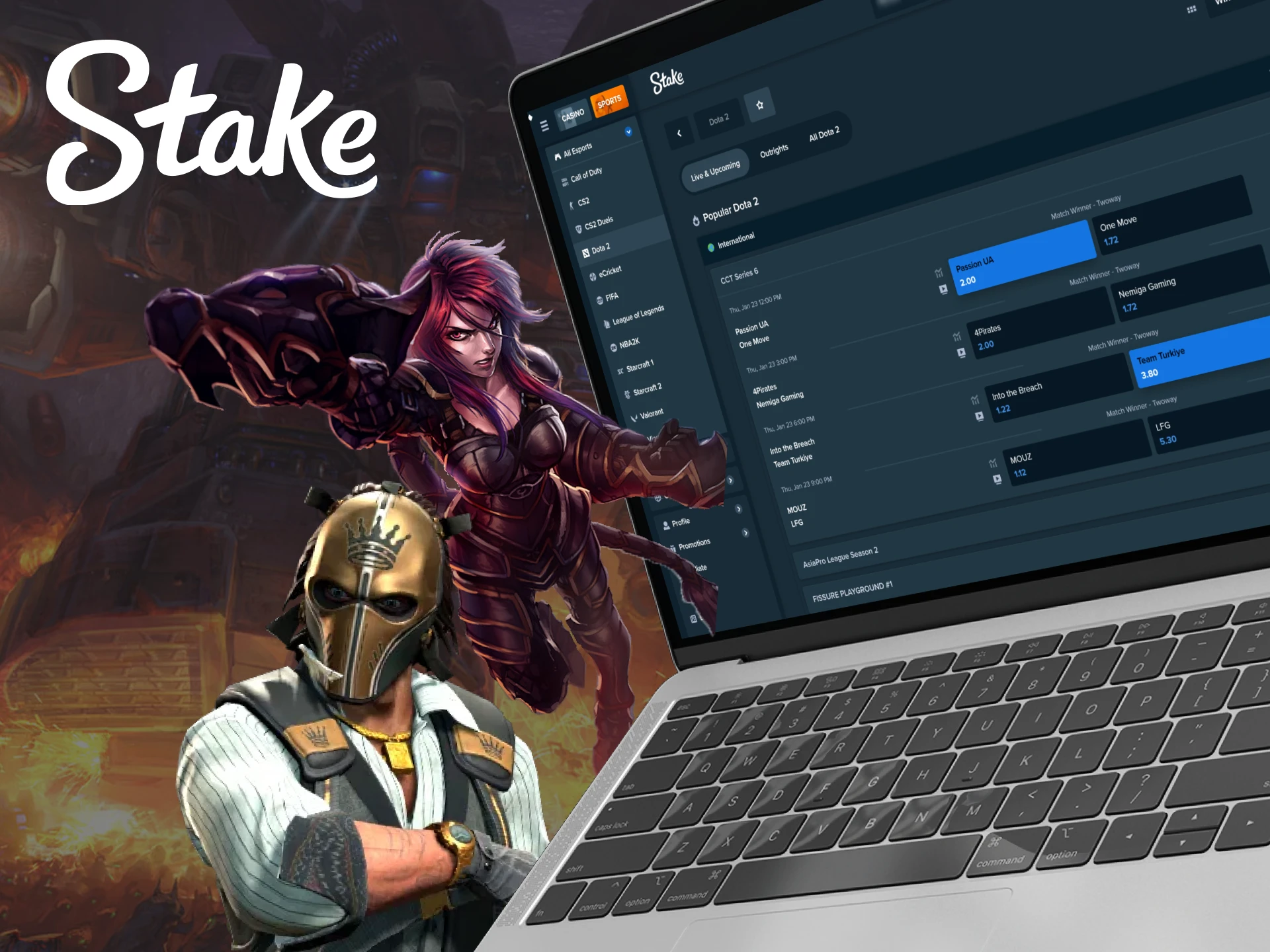 The Stake online platform offers a variety of betting options for esports enthusiasts.