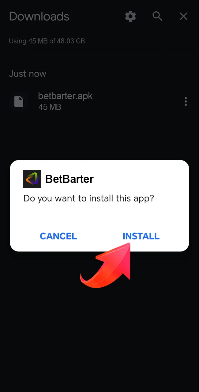 Complete the installation of the BetBarter app on your Android device.