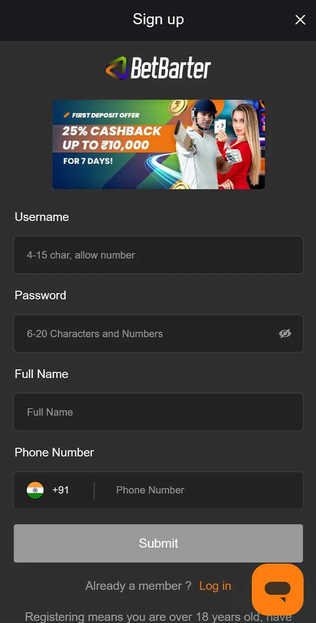 Sign up for an account on the BetBarter app.