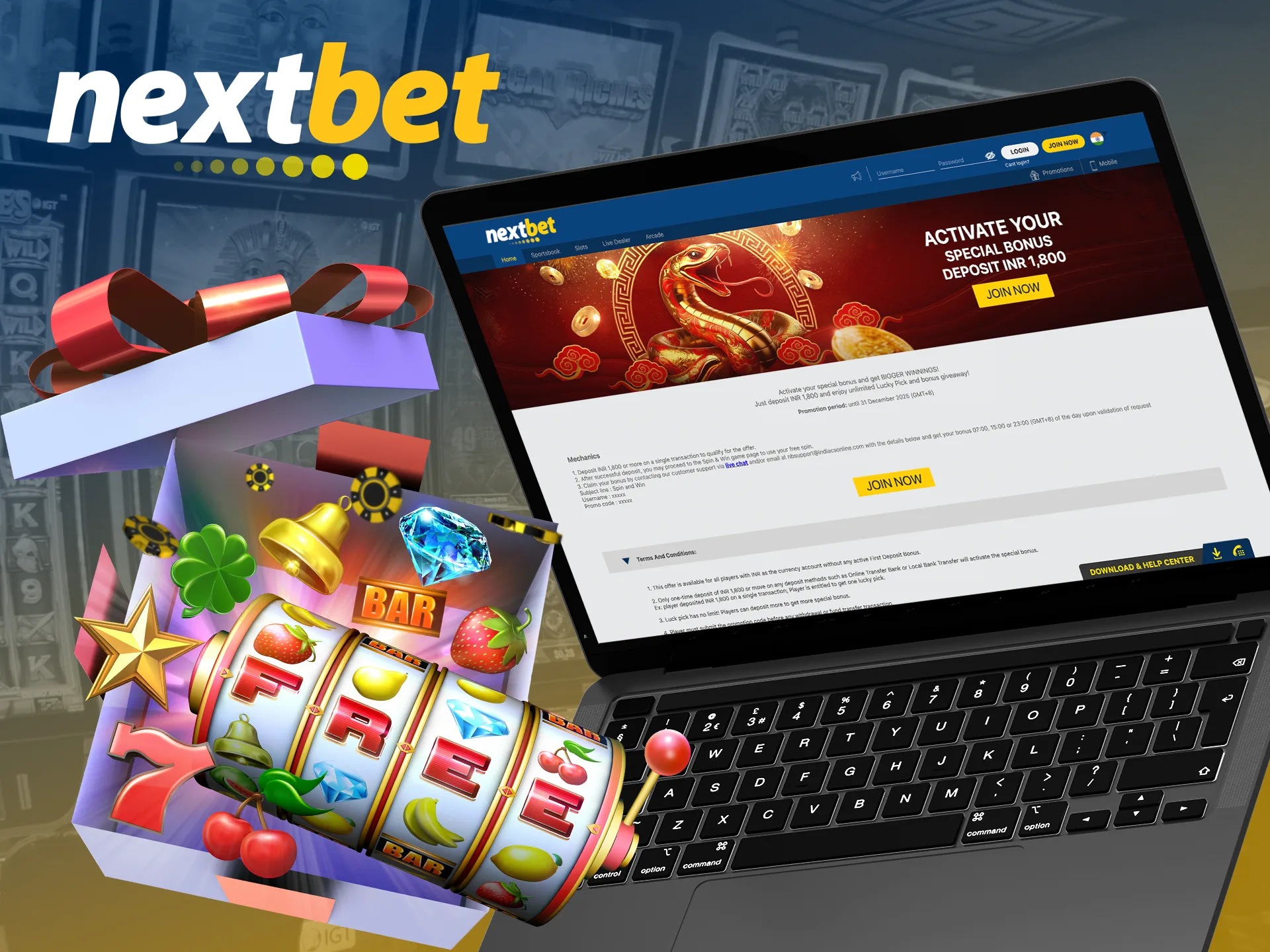 Fund your account and get a bonus to play slots at Nextbet.