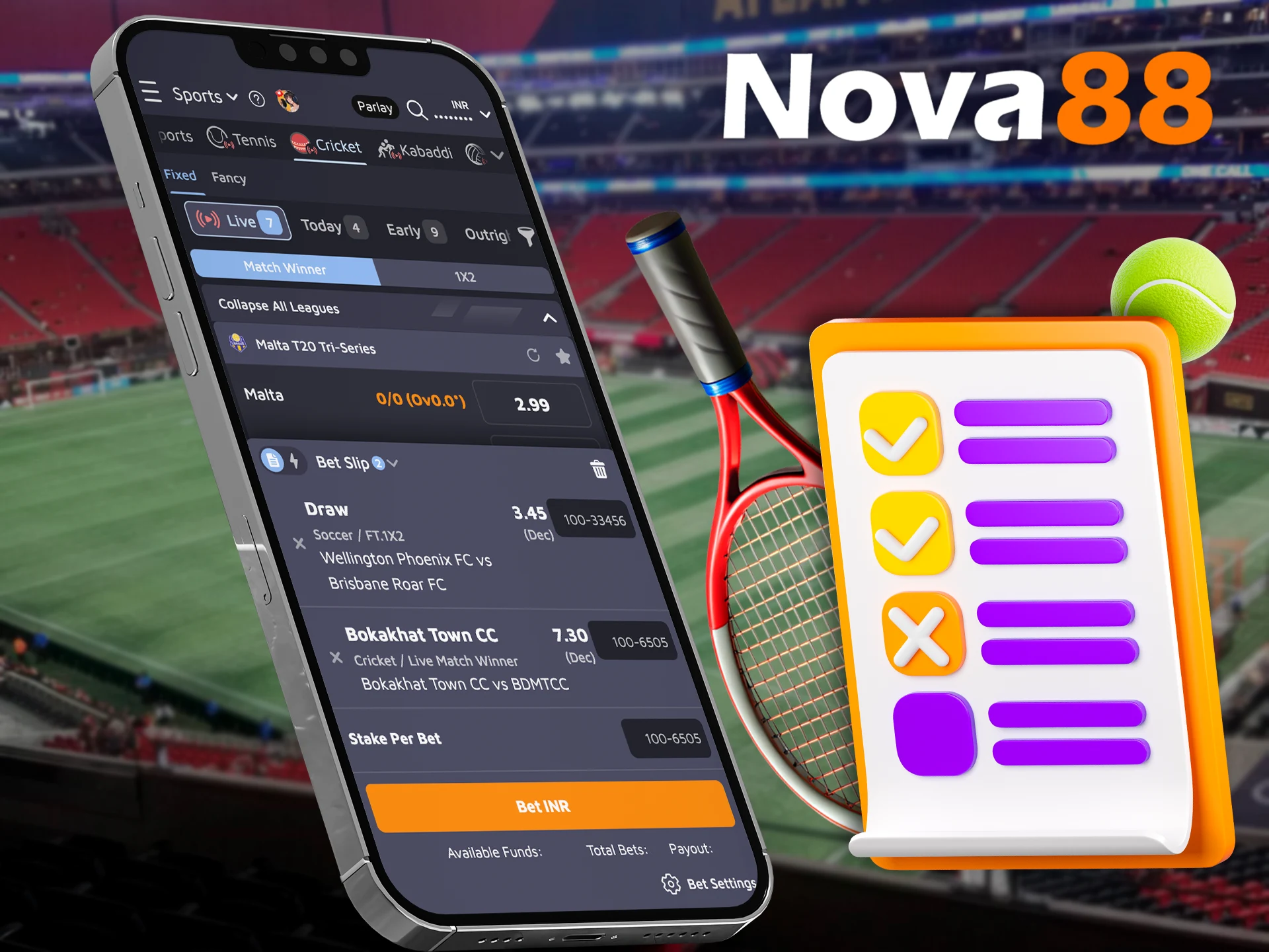 In the Nova88 app, place different types of bets on matches.