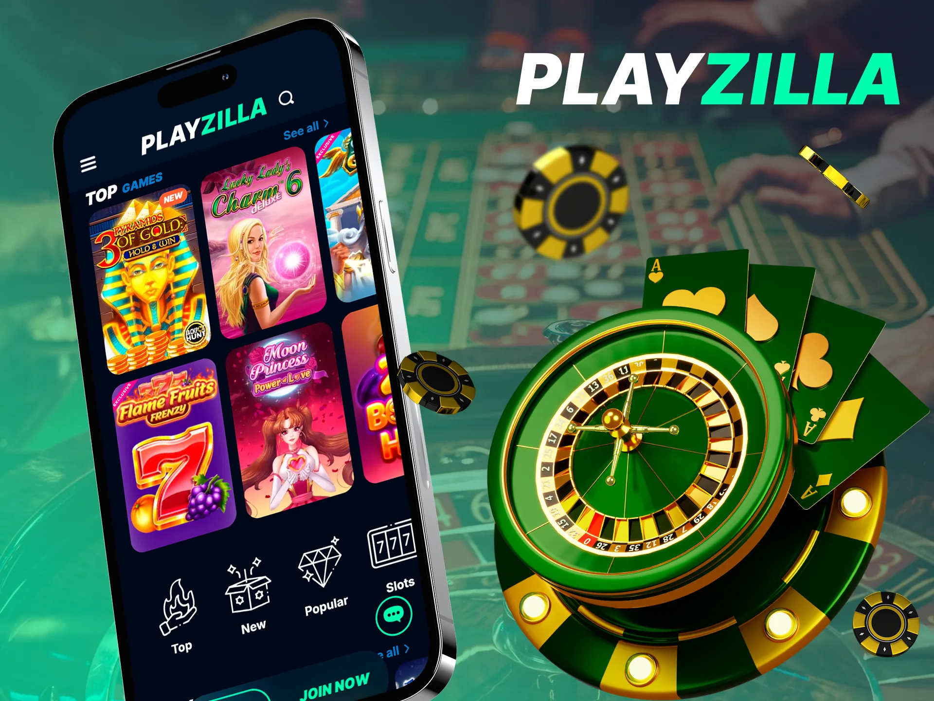 Use your fortune to pick a winning casino game in the Playzilla app.