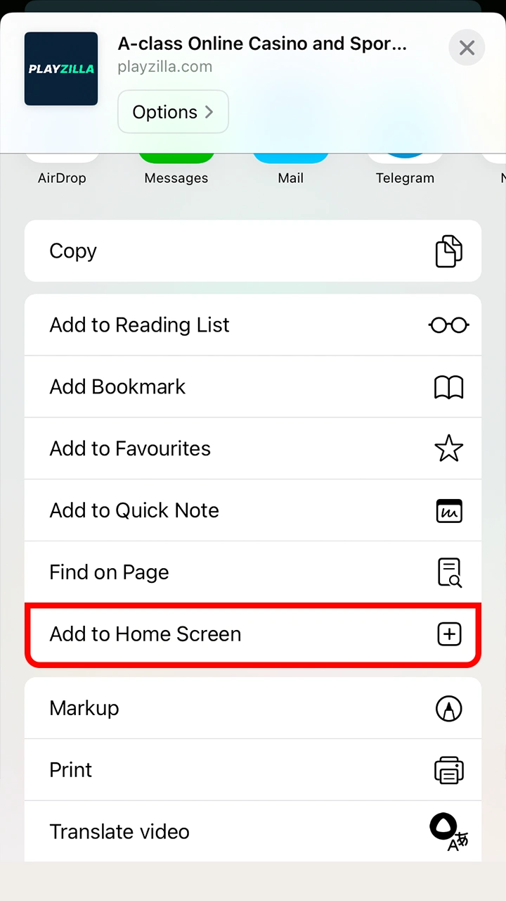 Select the Playzilla app from the Add to Home Screen menu.