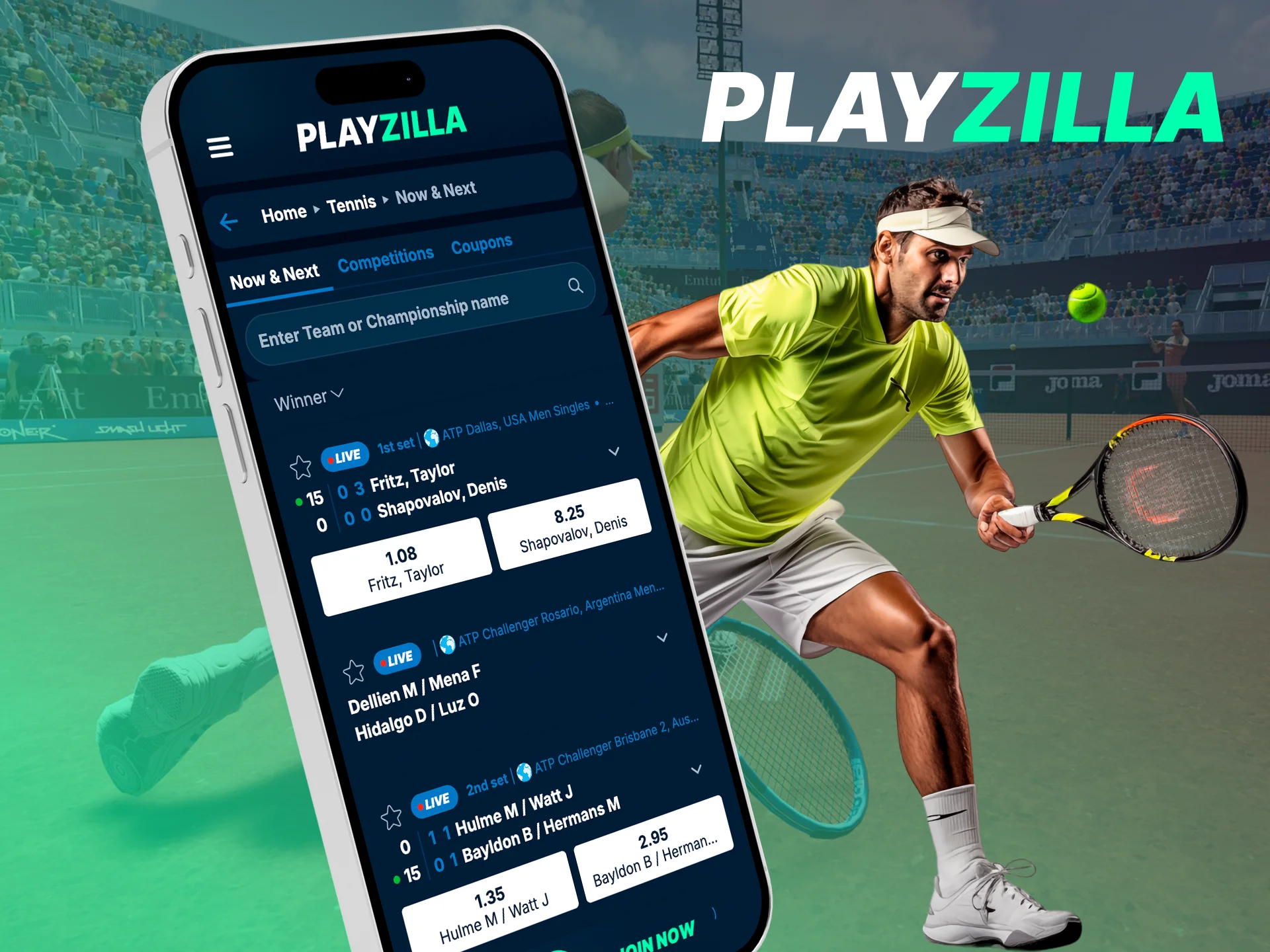 Choose a tennis tournament and bet to win in the Playzilla app.