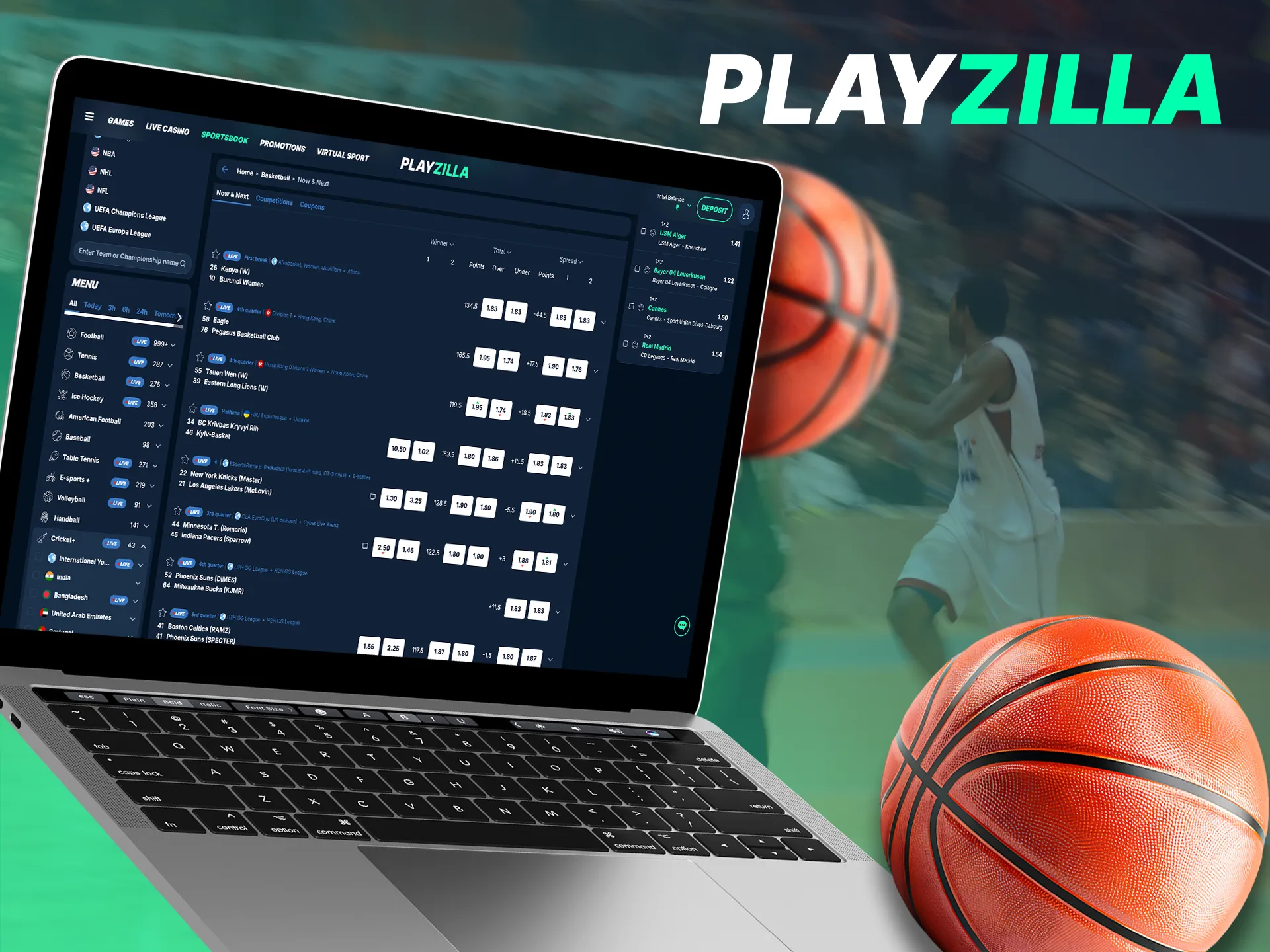 Predict the outcomes of basketball games in Playzilla sports section.