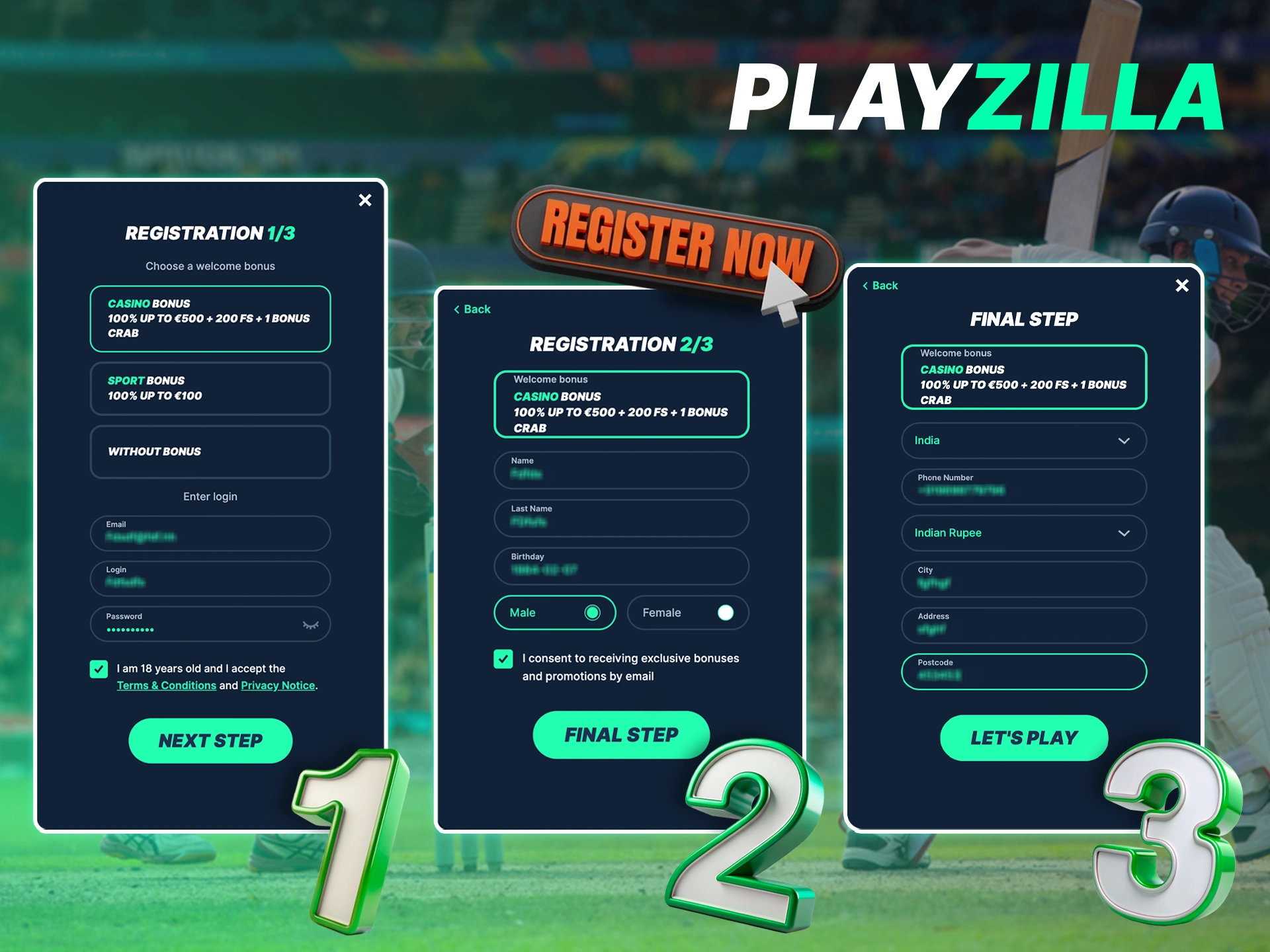 Go through the registration process to create an account with Playzilla.