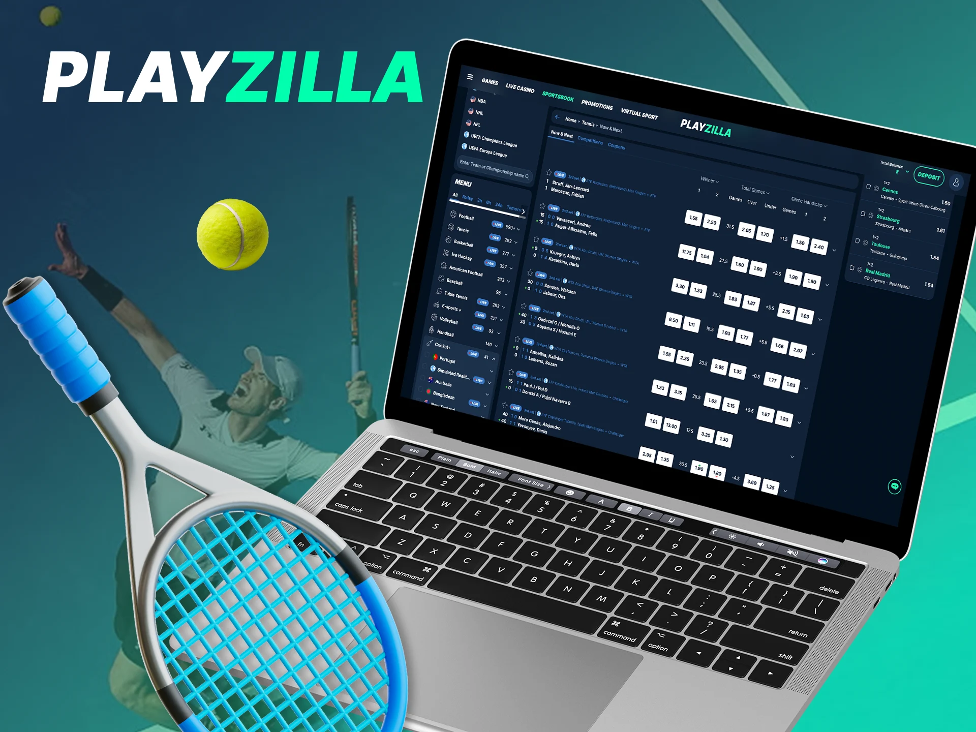 Pick your favorite in a tennis match and win with Playzilla.